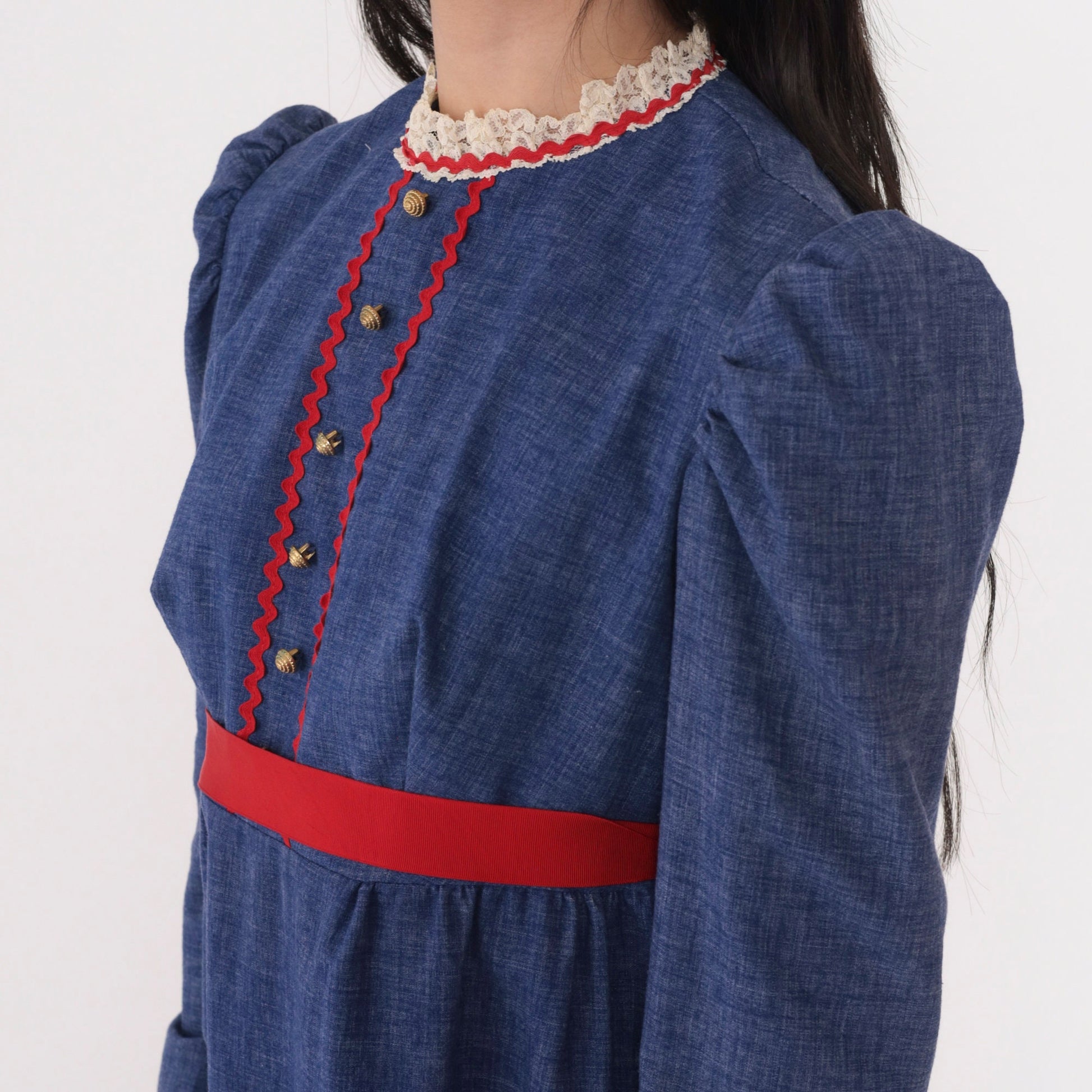 70s Prairie Maxi Dress Blue Red Lace Trim Puff Sleeve Empire Waist Extra Small