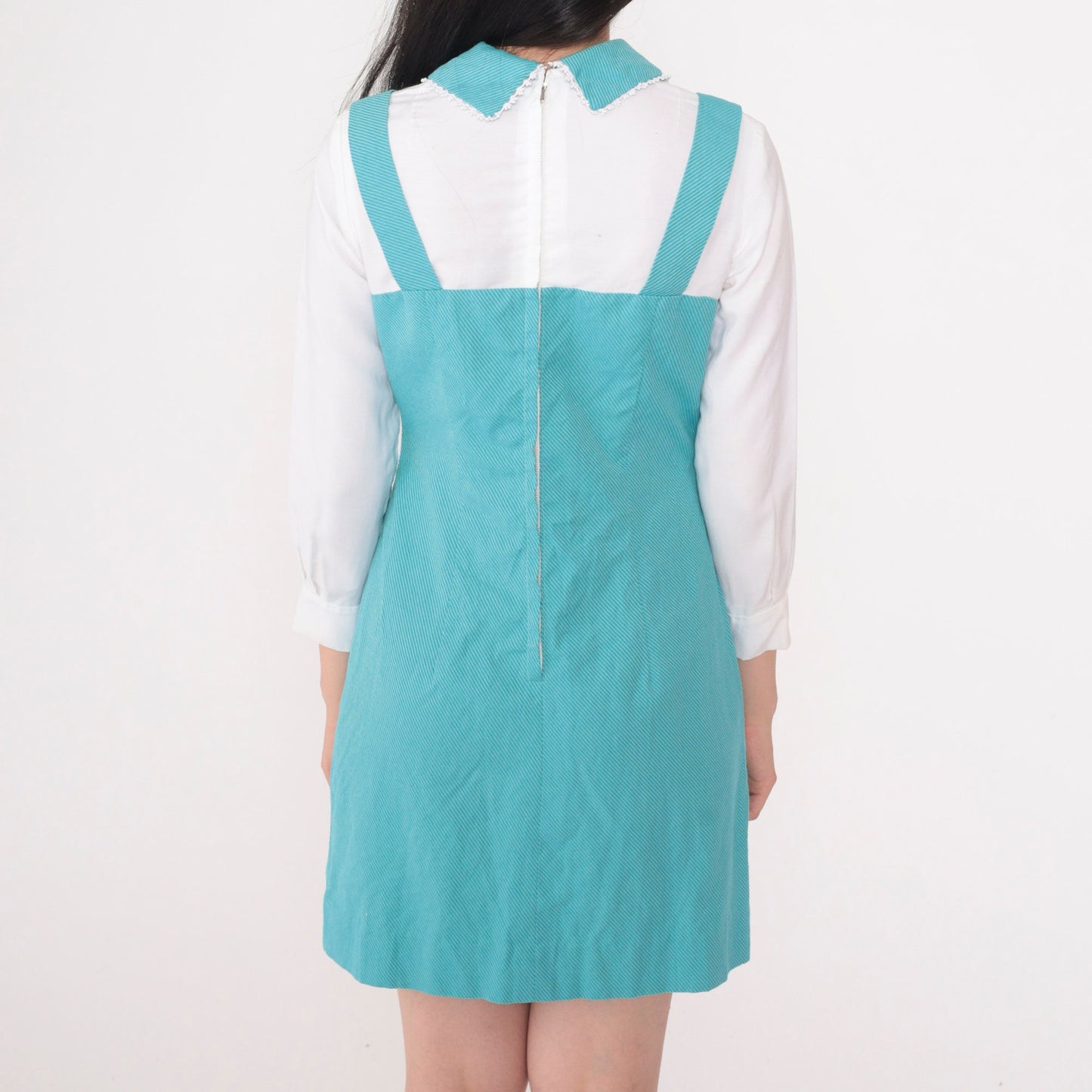60s Mod Mini Dress Layered White Blue Peter Pan Collar Rhinestone Extra Small