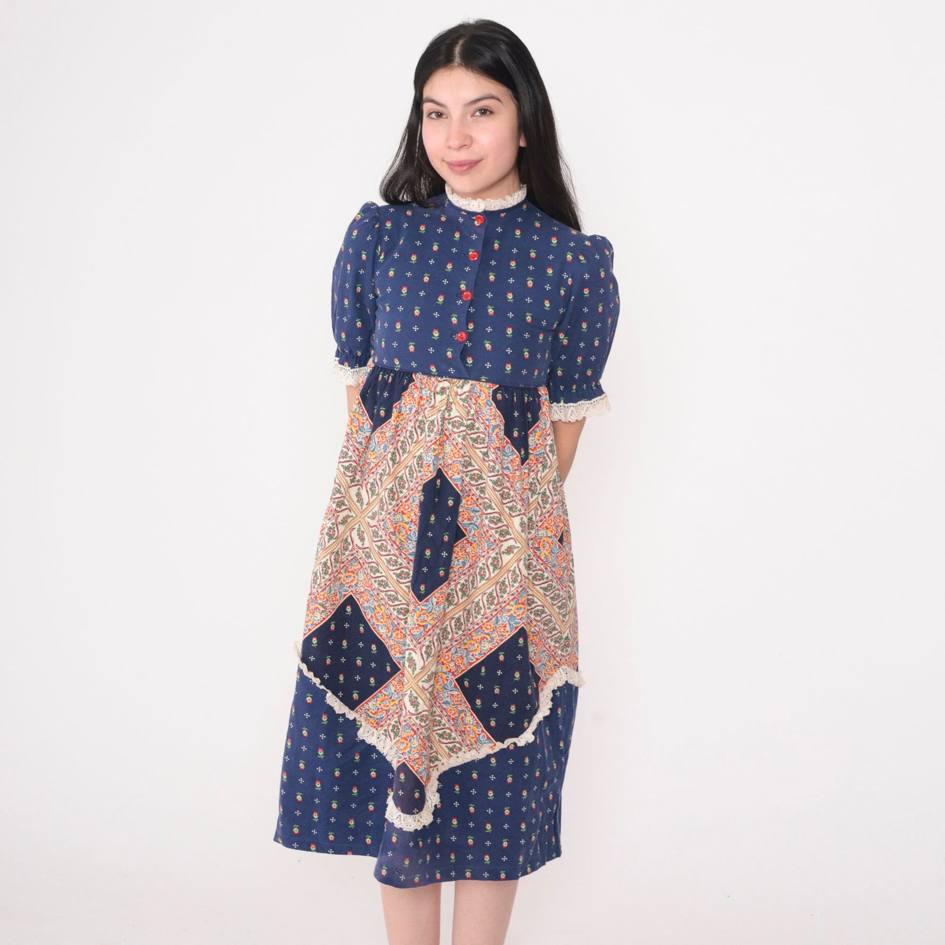 70s Arlene Airess Babydoll Dress Blue Calico Floral Puff Sleeve Mini XXS