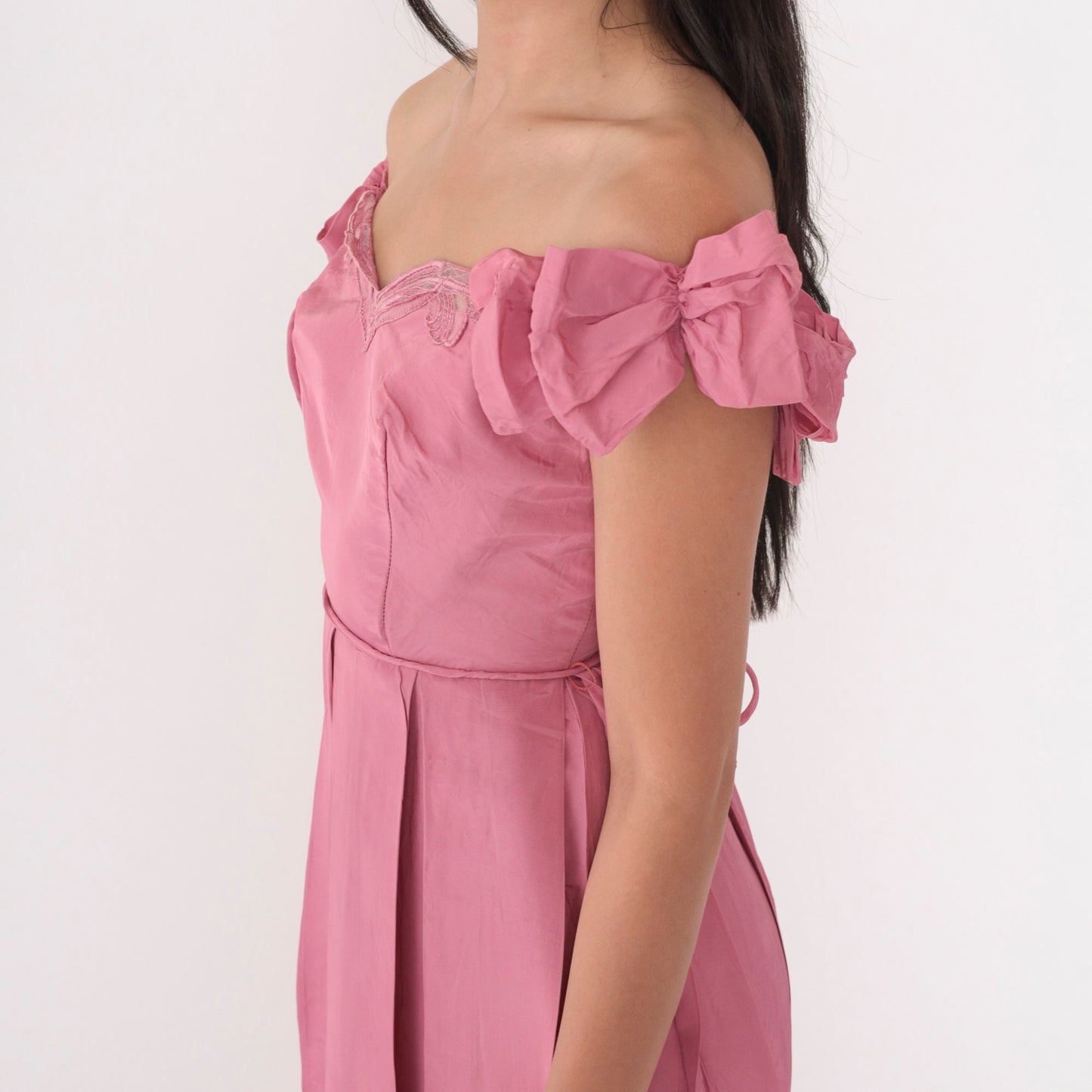 80s Pink Off-Shoulder Maxi Prom Dress Bow Sleeves Pleated Skirt Extra Small