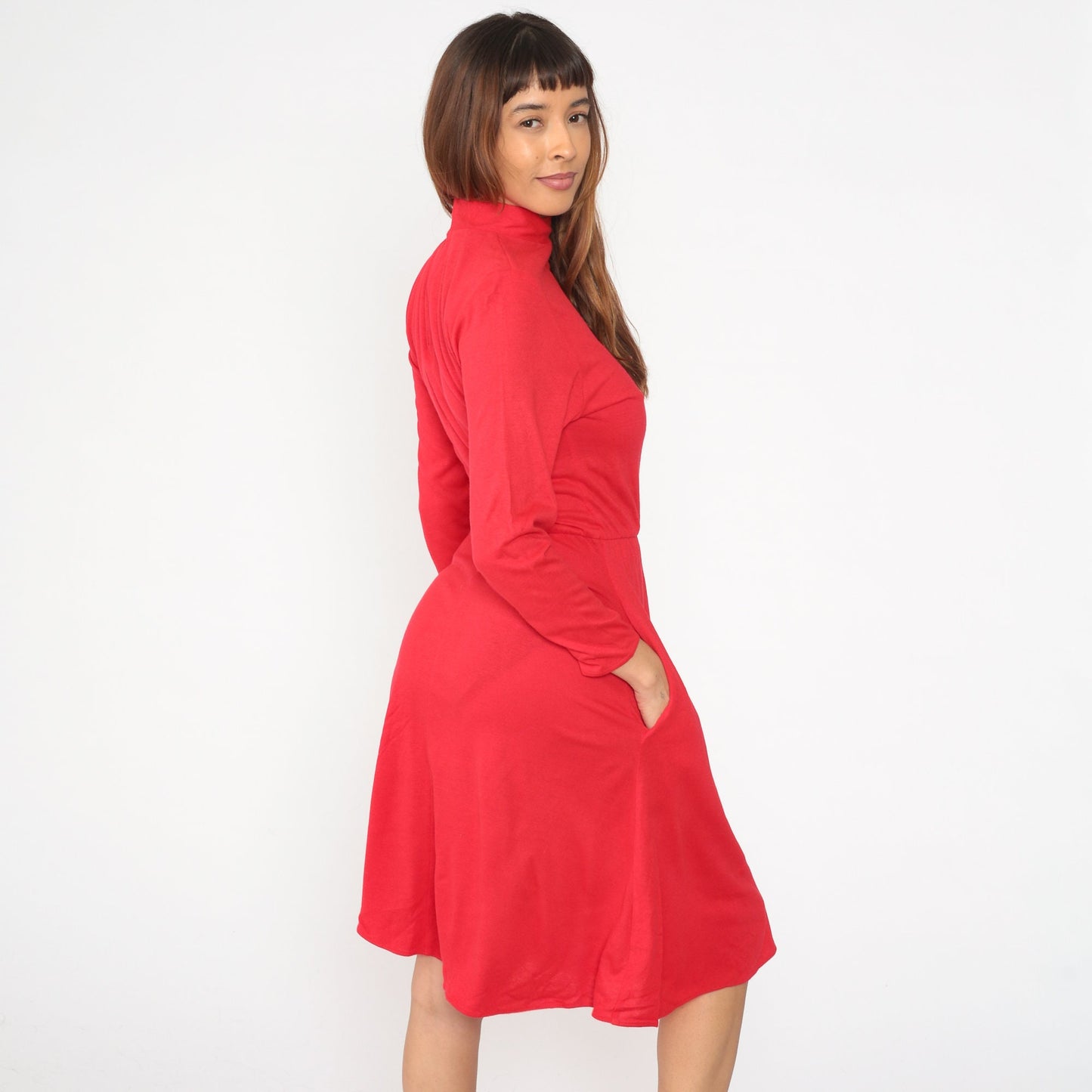 80s Red Acrylic Mock Neck Midi Dress Long Sleeve Pockets Small