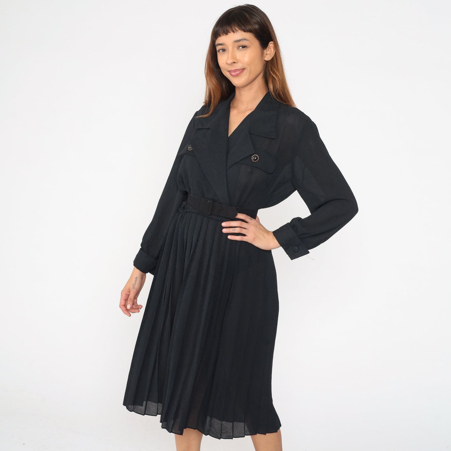 90s Black Wrap Midi Dress Surplice V-Neck High Waist Long Sleeve Medium 8