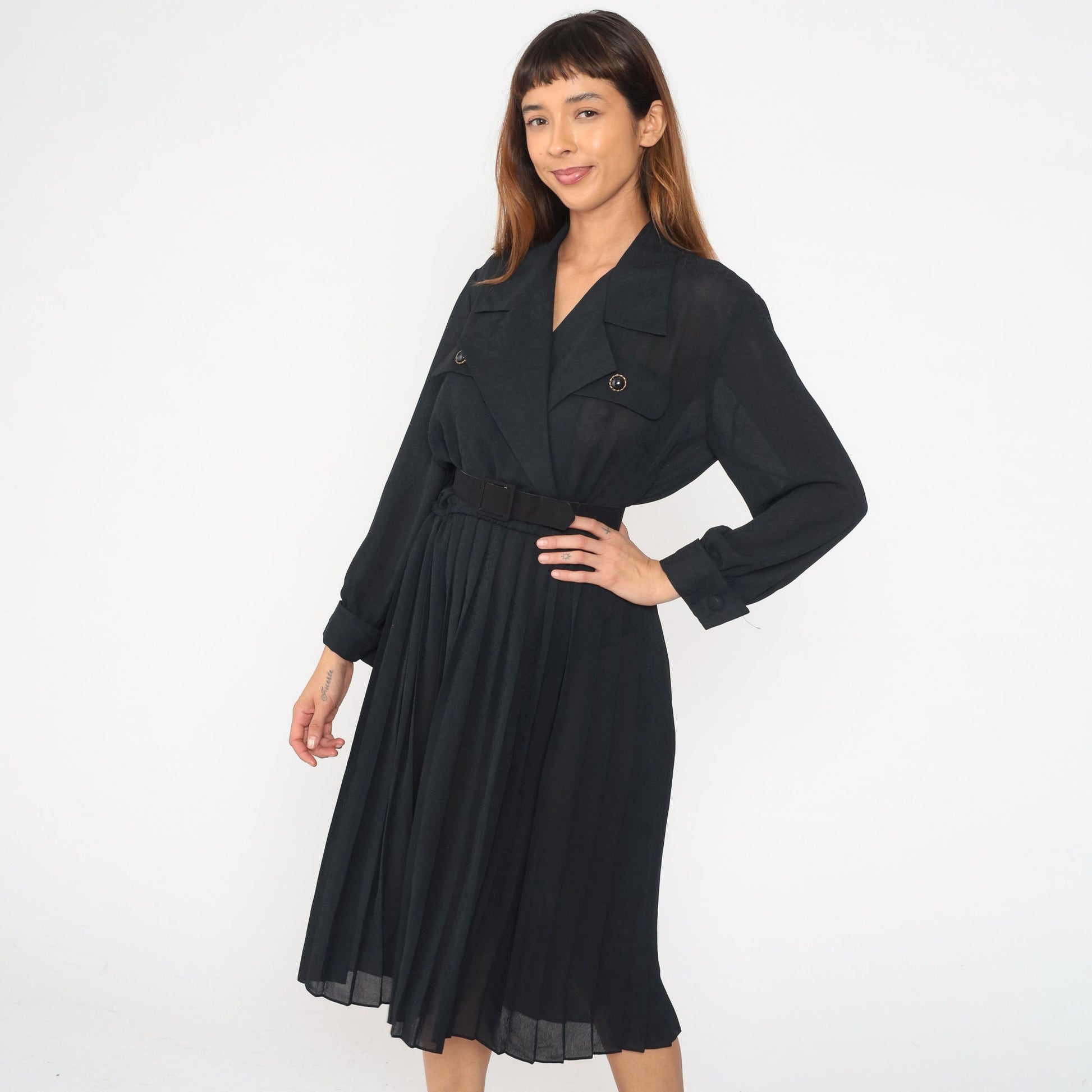 90s Black Wrap Midi Dress Surplice V-Neck High Waist Long Sleeve Medium 8