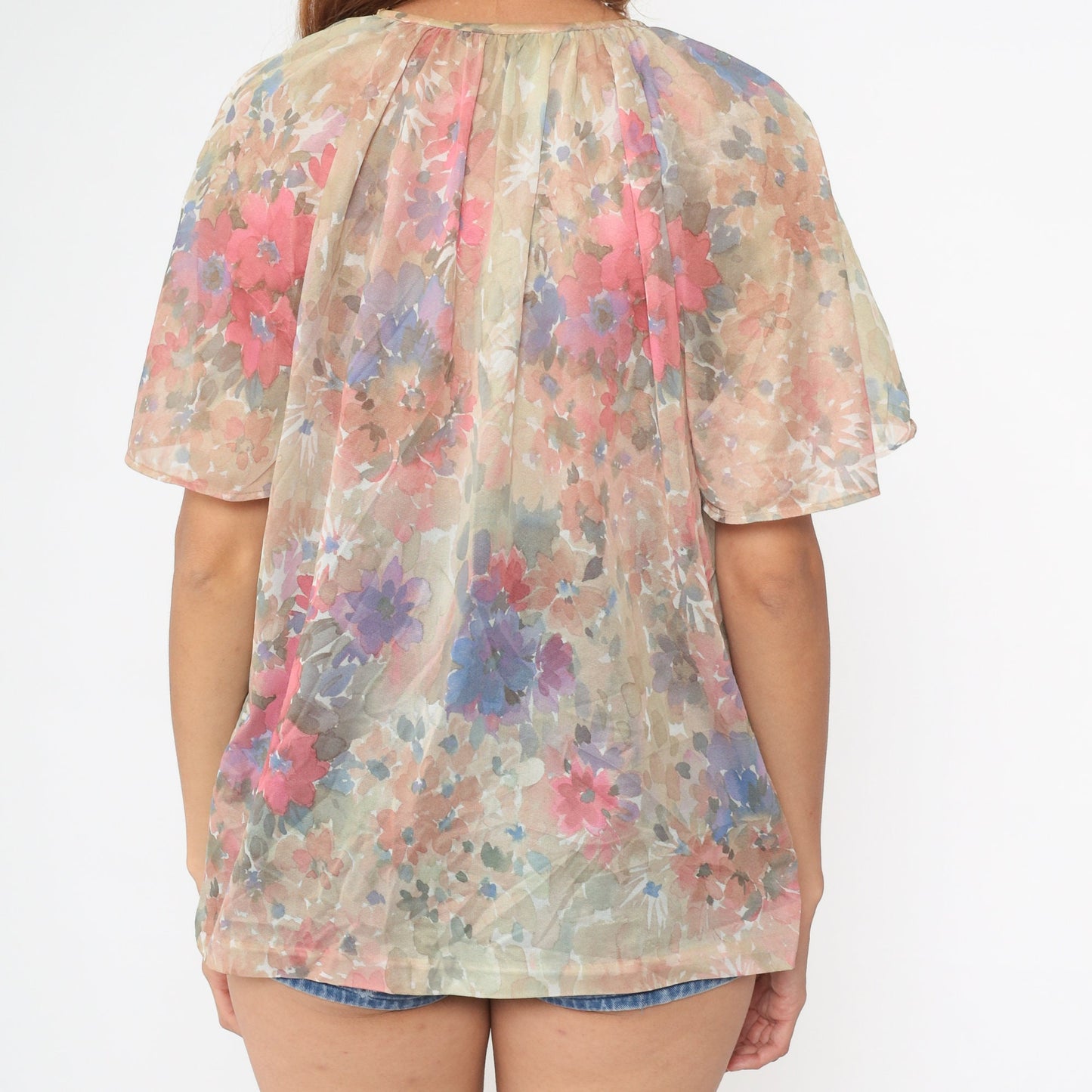 70s Watercolor Floral Button-Up Blouse Short Flutter Sleeve Pink Tan White Medium Large