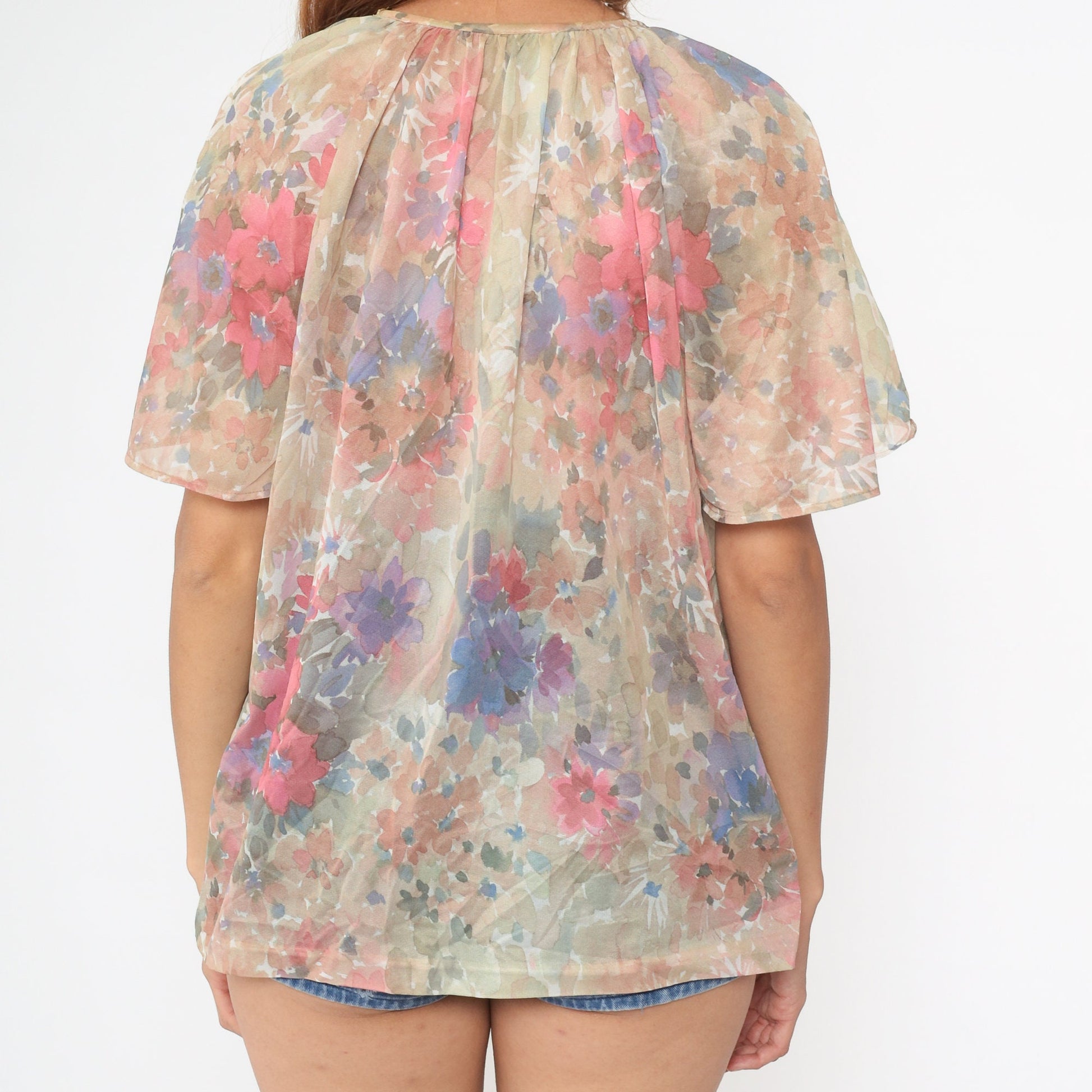 70s Watercolor Floral Button-Up Blouse Short Flutter Sleeve Pink Tan White Medium Large