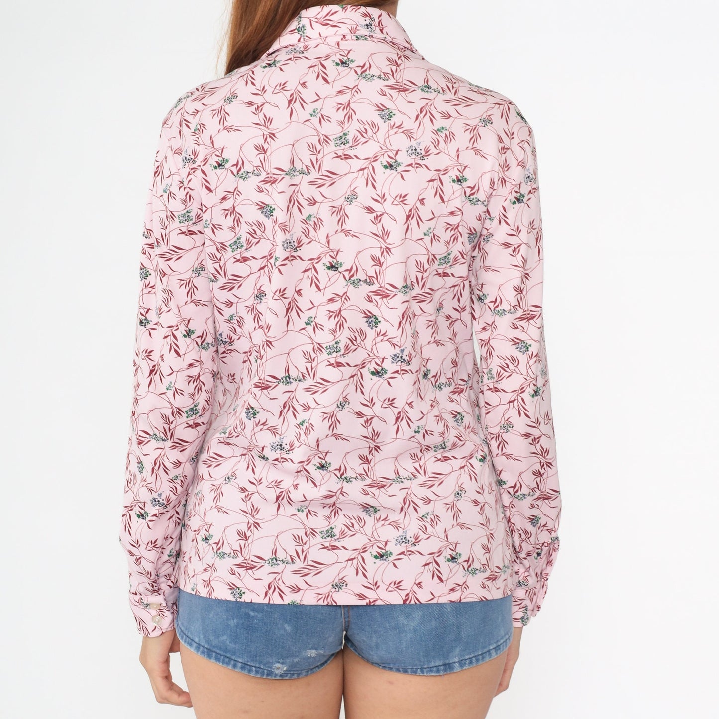 70s Disco Floral Vine Print Blouse Baby Pink Pointed Collar Long Sleeve Large