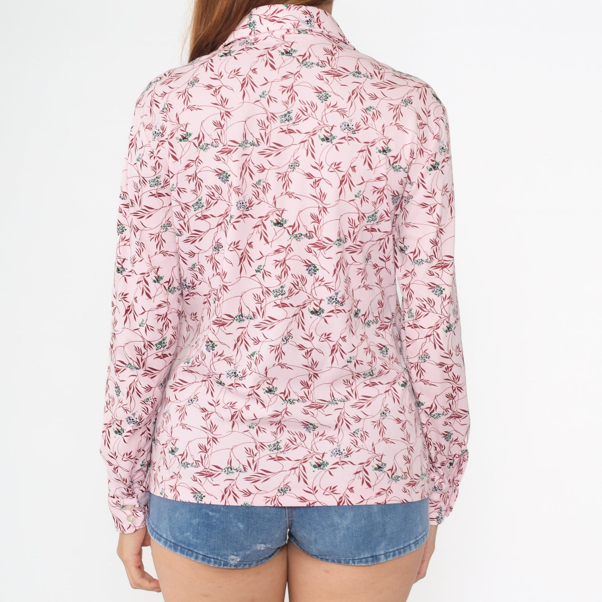 70s Disco Floral Vine Print Blouse Baby Pink Pointed Collar Long Sleeve Large
