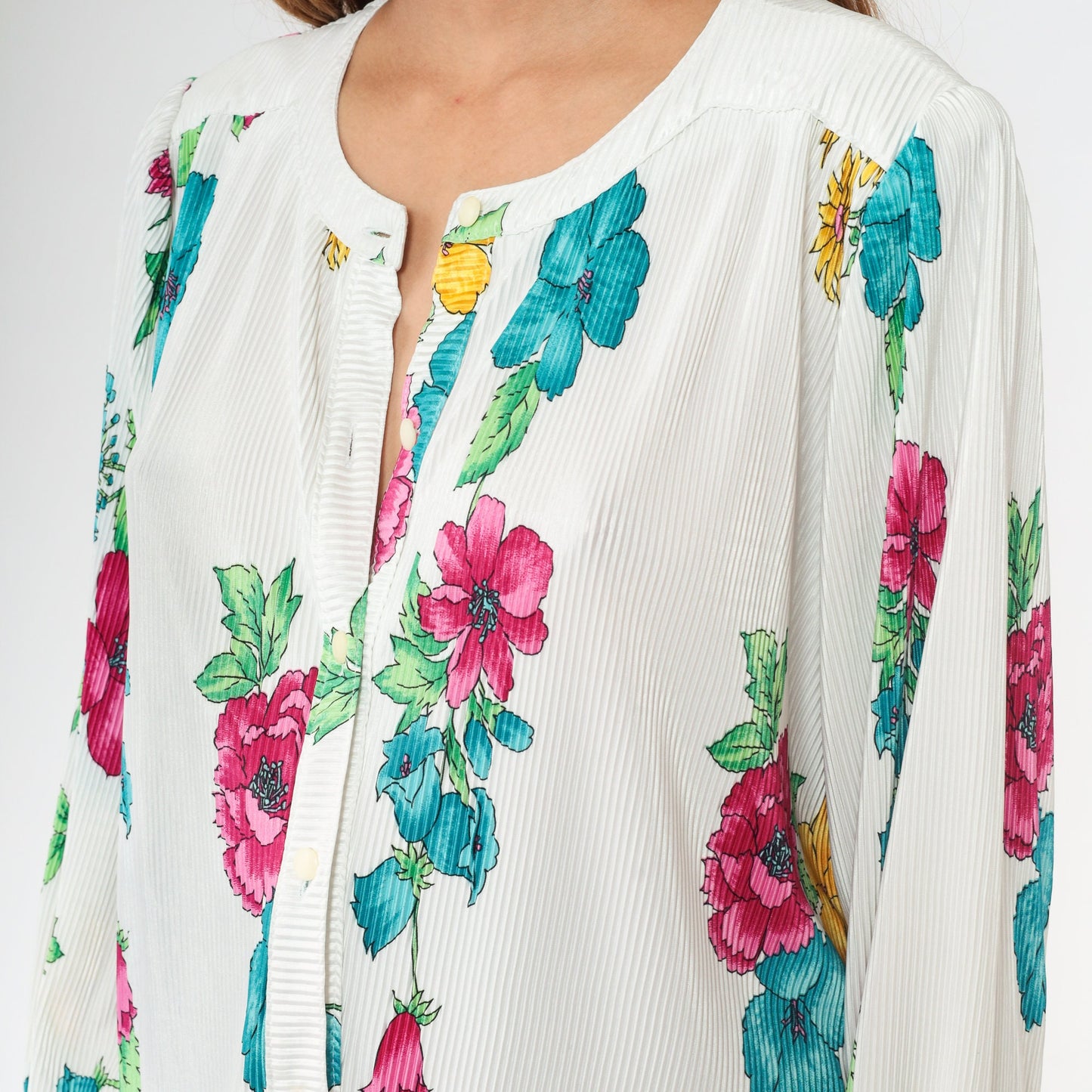 80s White Floral Button-Up Blouse Knife Pleated Puff Sleeve Large L