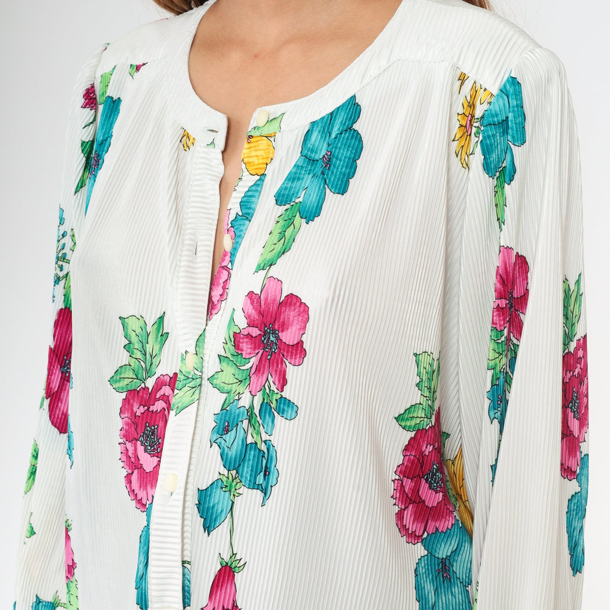 80s White Floral Button-Up Blouse Knife Pleated Puff Sleeve Large L