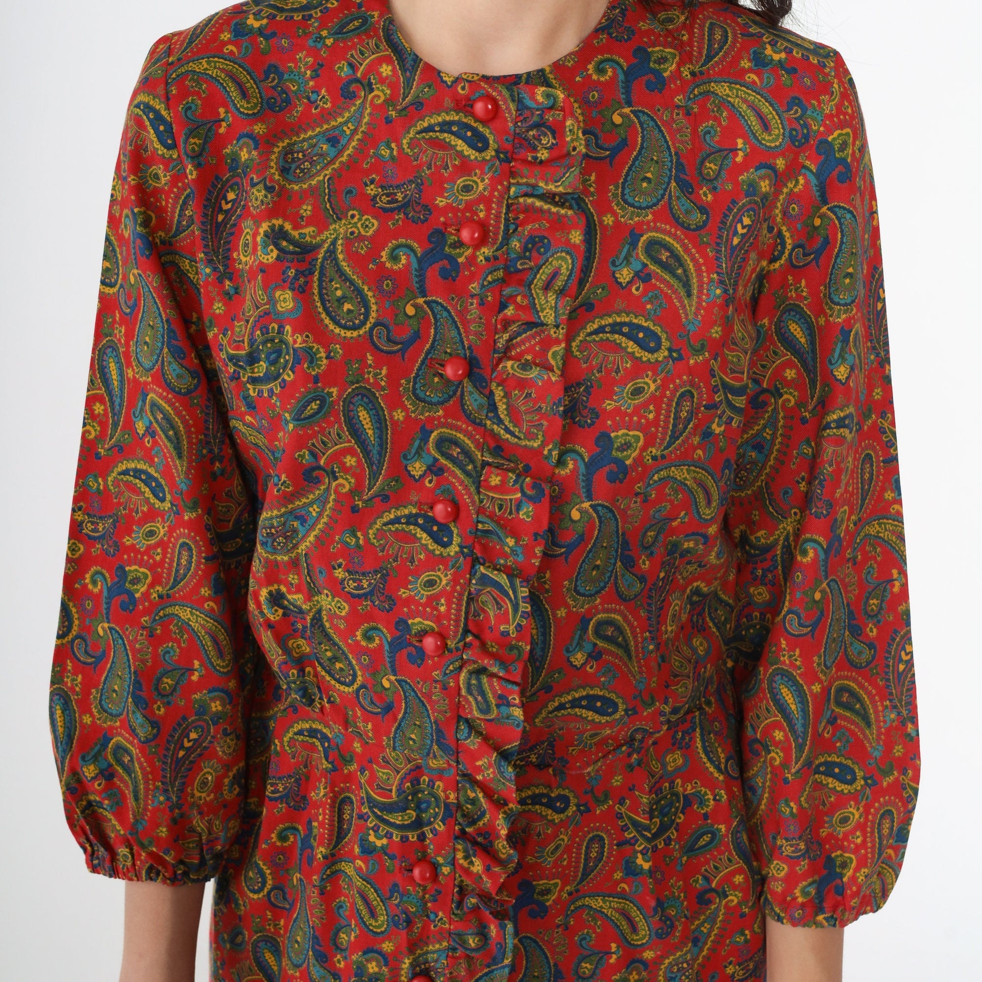 60s Paisley Button-Up Midi Dress Red Ruffle Front High Waist Small