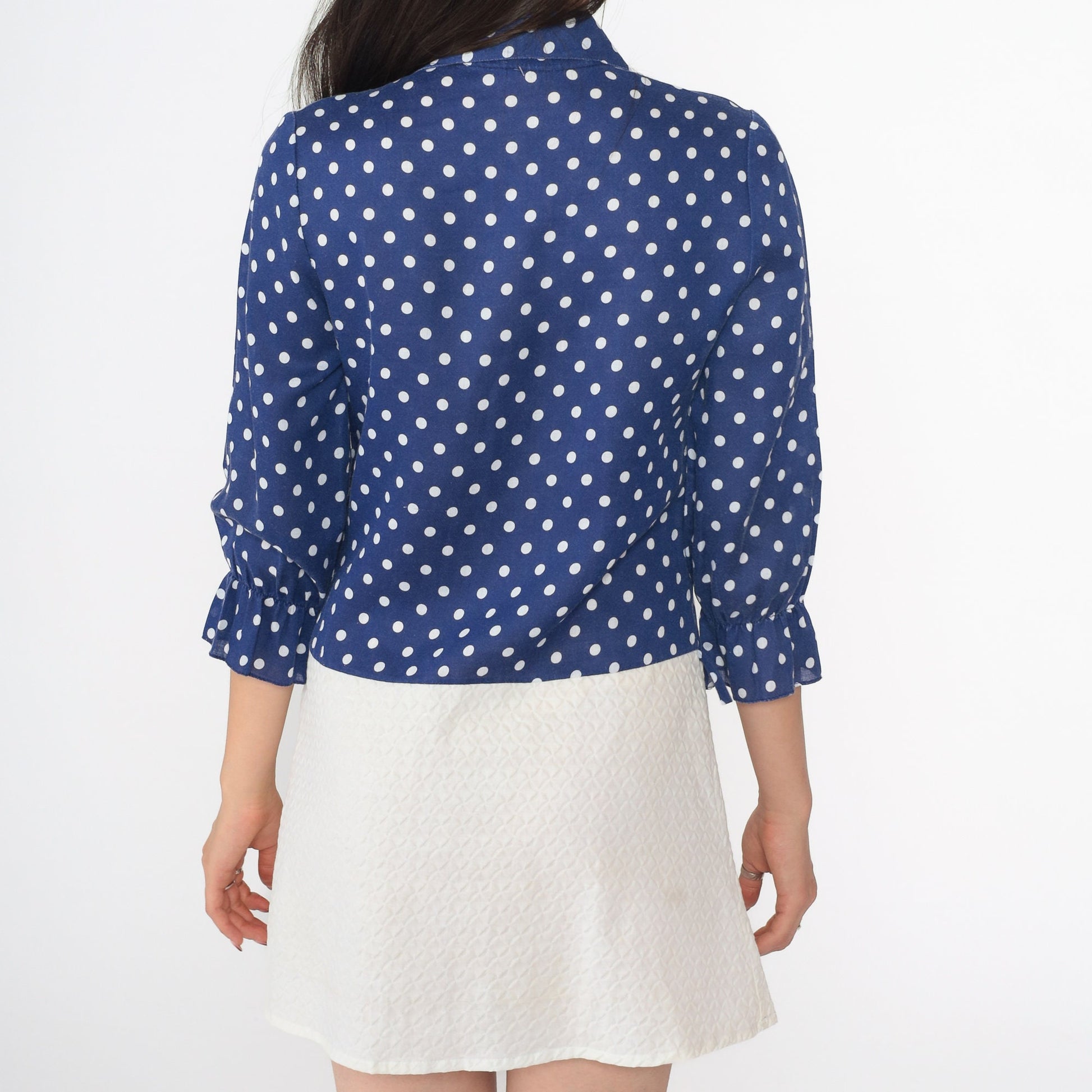 60s Mod Polka Dot Mini Dress Navy Blue Button-Up Dagger Collar Small S