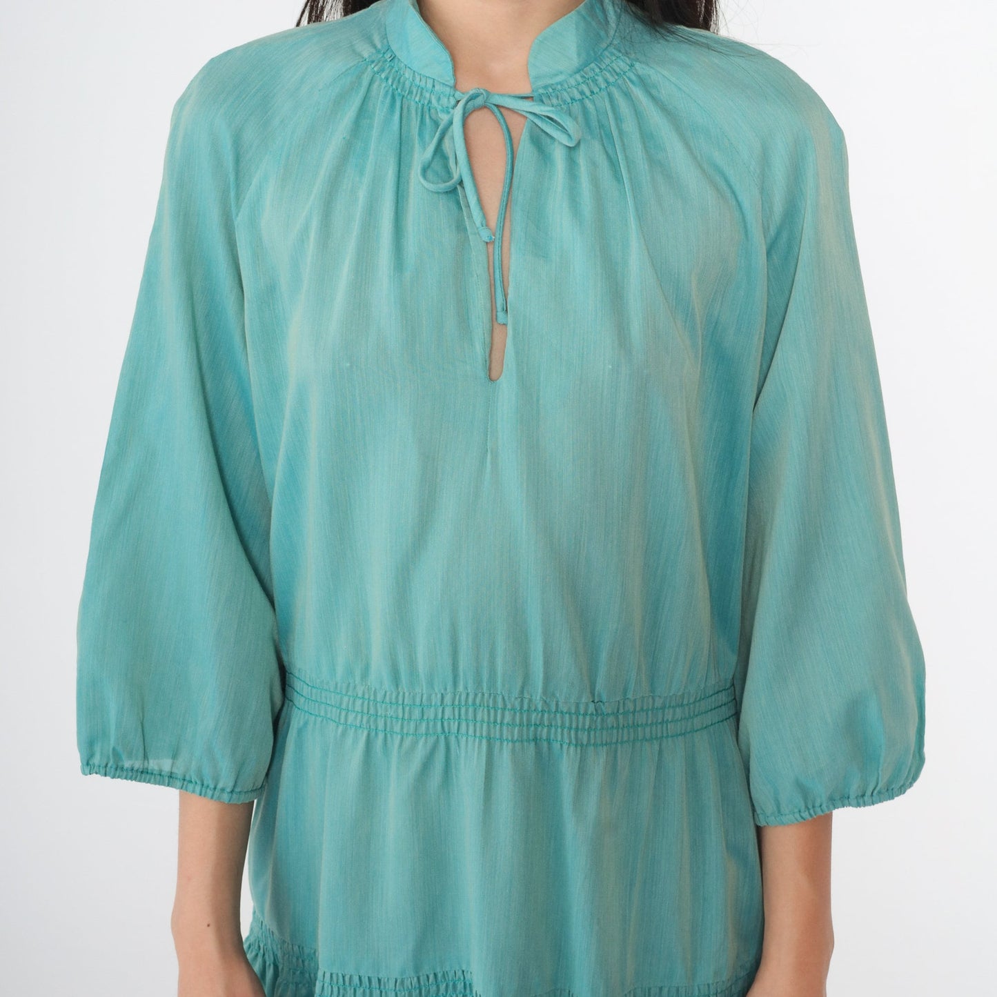 60s Peasant Midi Dress Aqua Blue Keyhole Mandarin Collar Tiered Raglan Medium Large