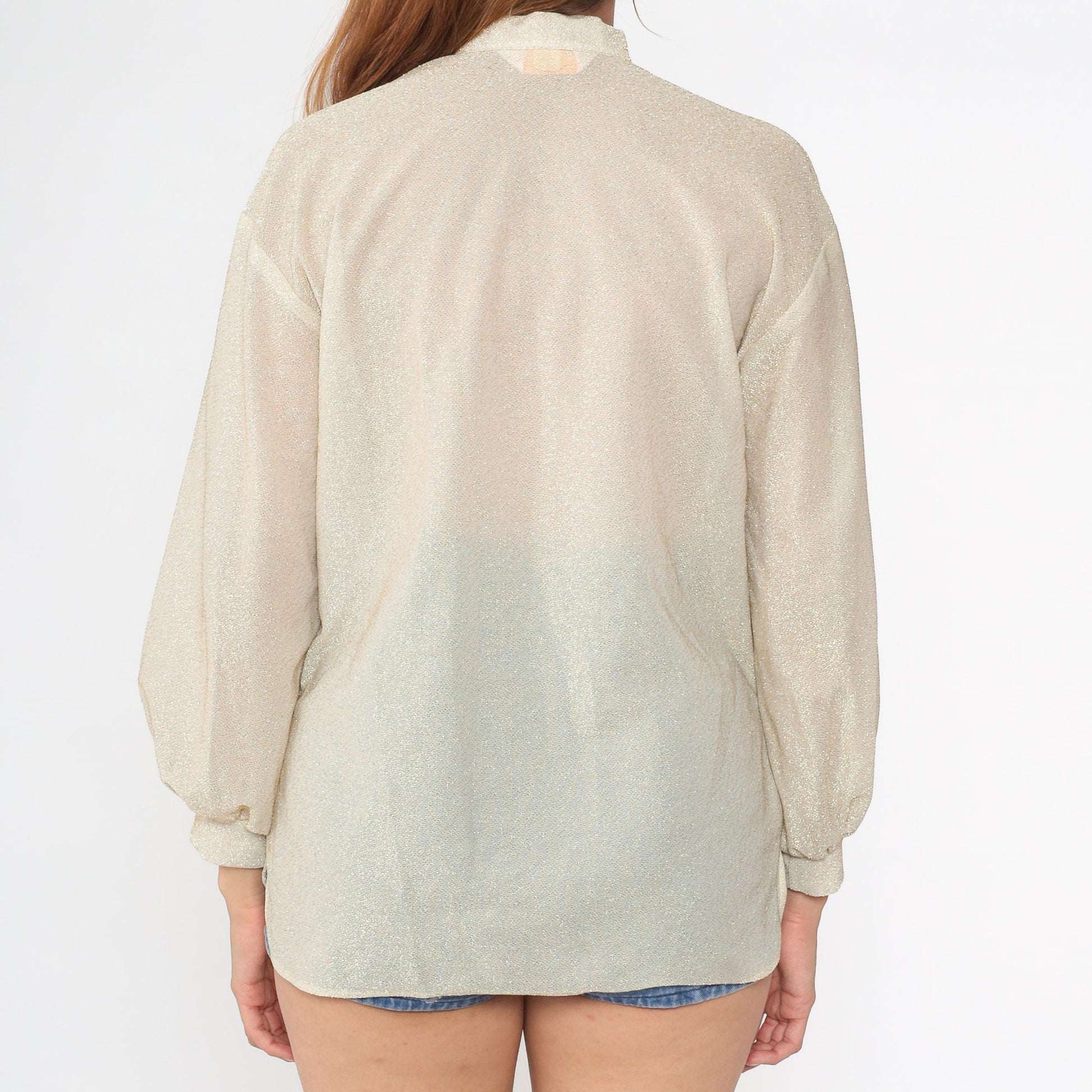 70s Metallic Gold Ascot Bow Blouse Cream Semi-Sheer Long Sleeve Medium