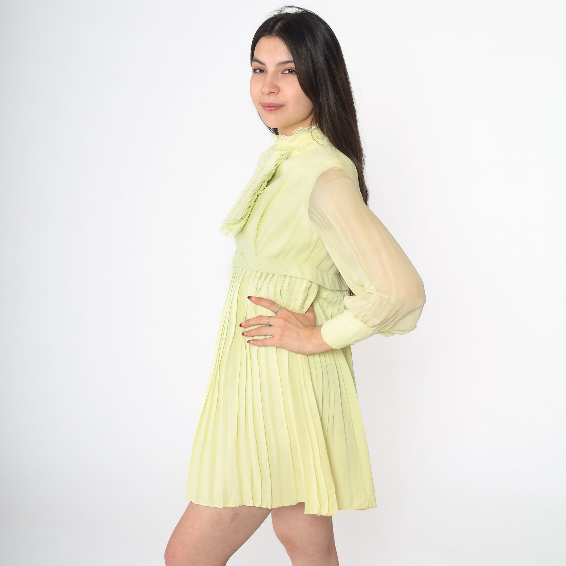 60s Lime Green Mini Dress Empire Waist Pleated Chiffon Sleeve Extra Small