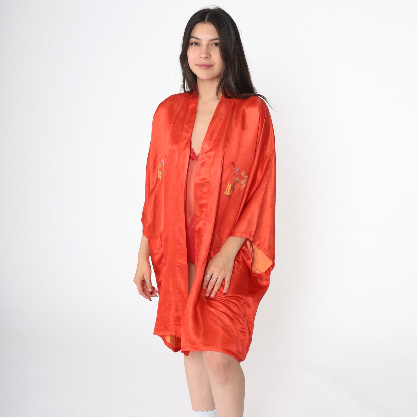 80s Red Silk Kimono Robe Embroidered Pagoda Trees Open Front Small