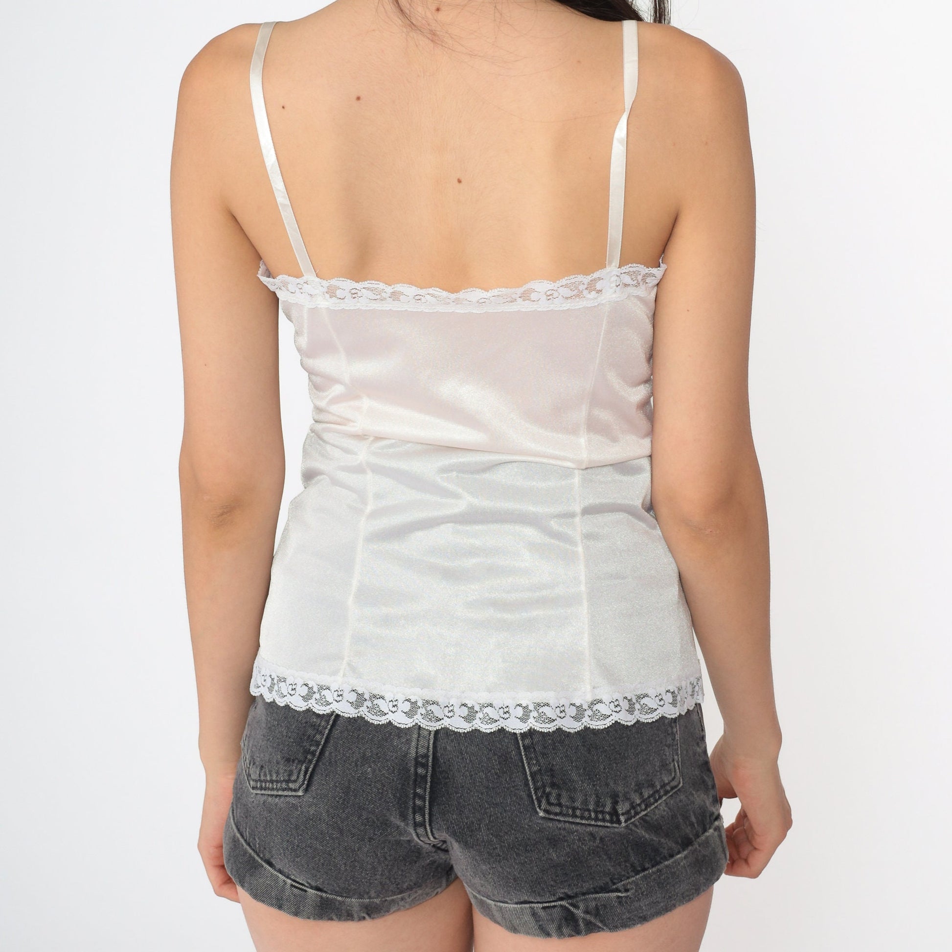 80s White Nylon Camisole Lace Trim Spaghetti Strap Tank Small