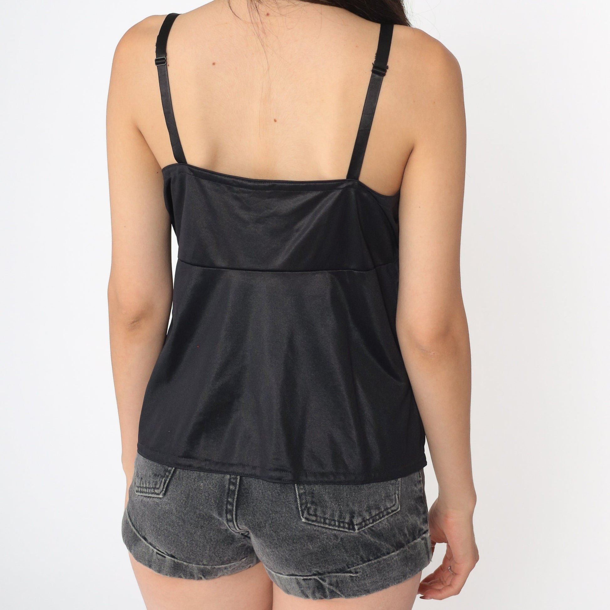 80s Black Nylon Camisole Empire Waist Spaghetti Strap Tank Medium