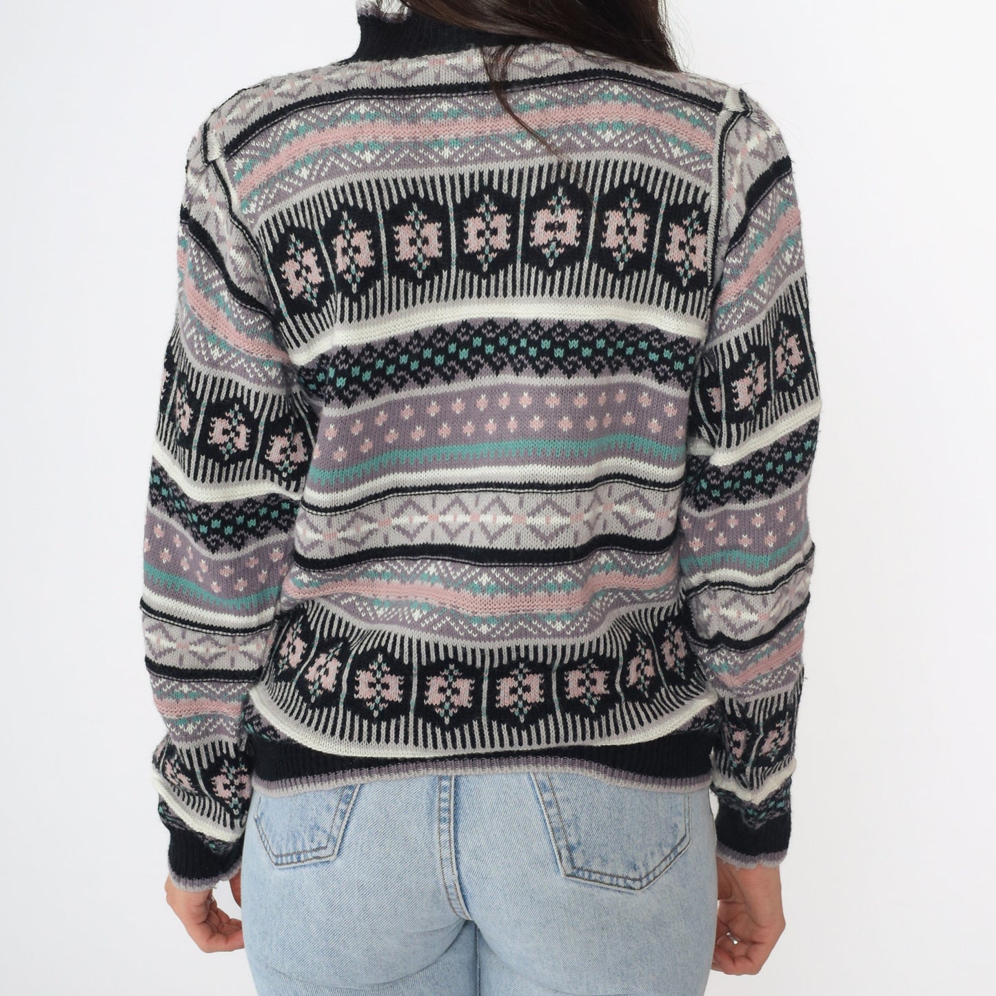 80s Black Geometric Puff Sleeve Sweater Funnel Neck Knit Small