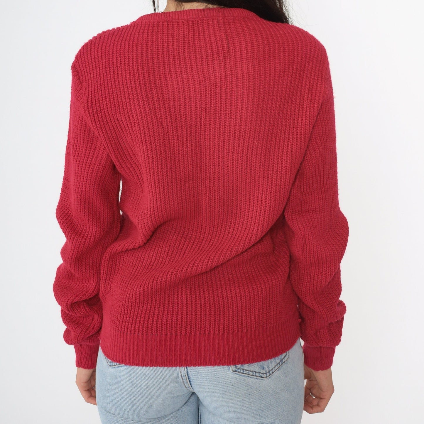 90s Red Ribbed Knit Crewneck Sweater Acrylic Pullover Extra Small XS