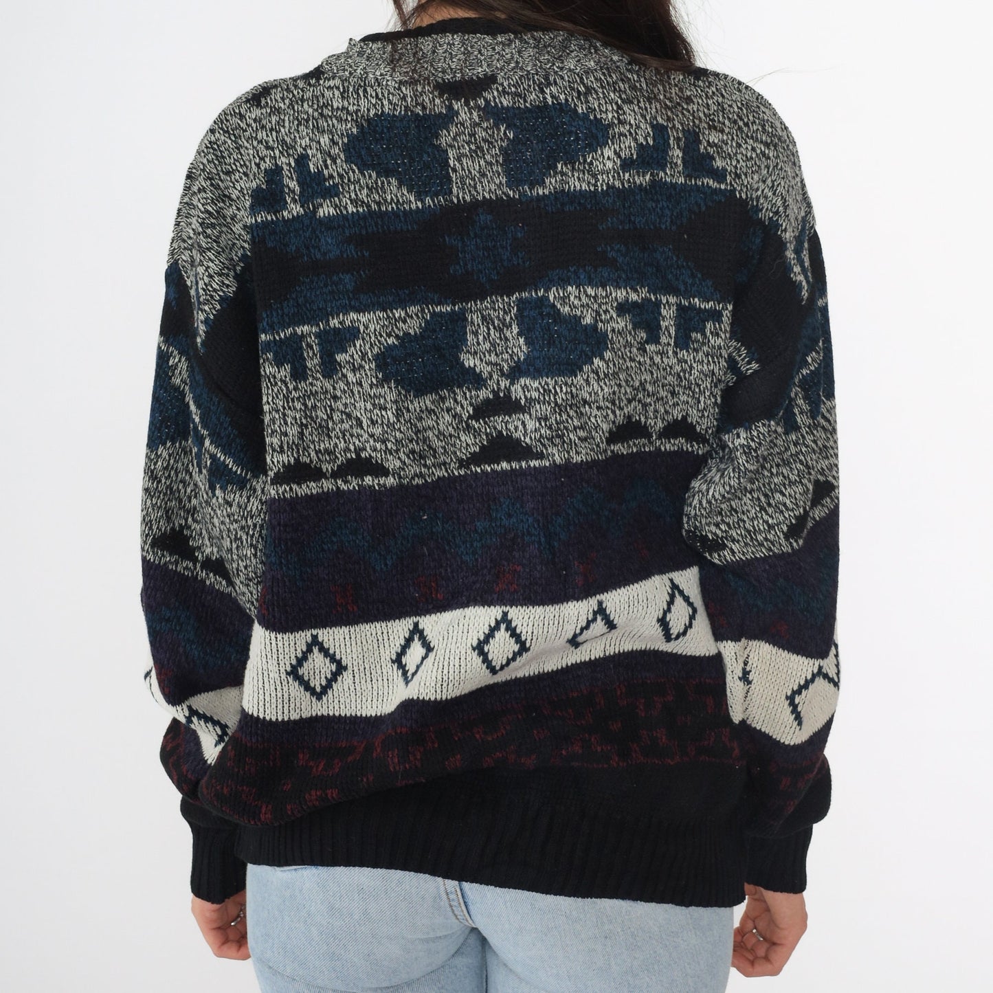 90s Geometric Jacquard Pullover Sweater Black Grey Blue Medium