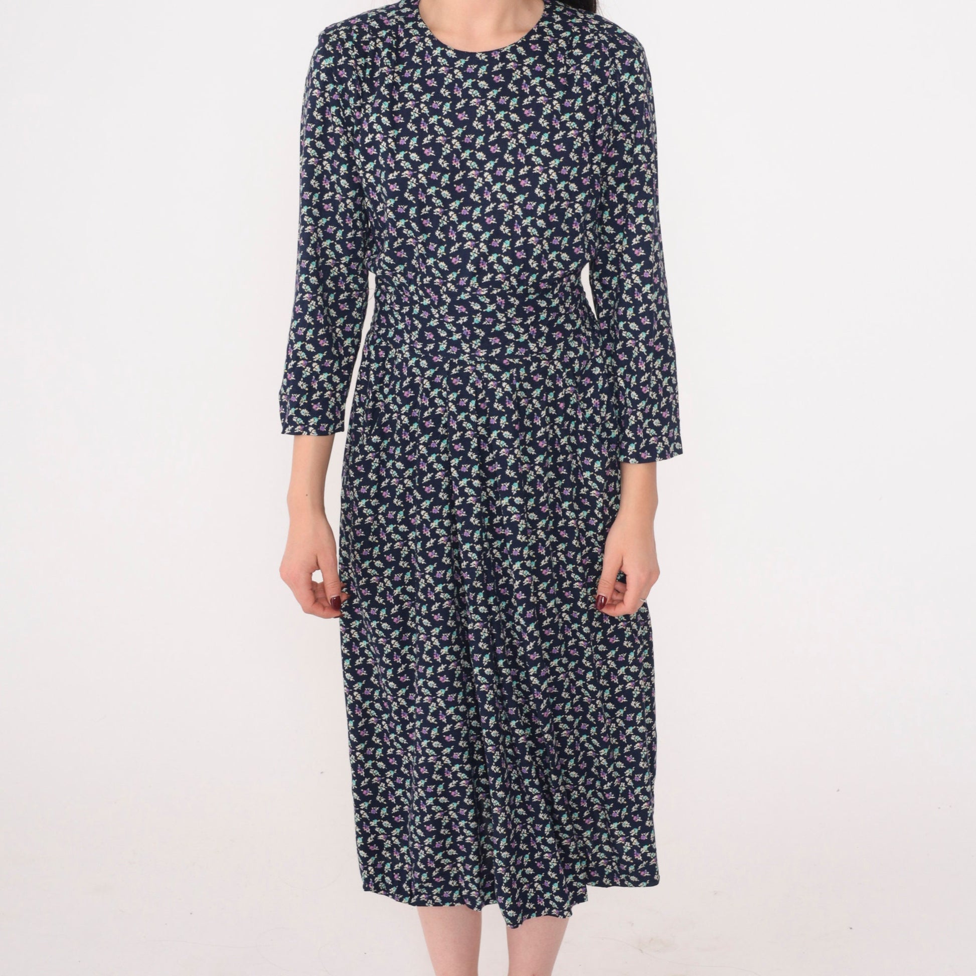 90s Navy Floral Midi Dress High Waisted 3/4 Sleeve Pleated Pockets Small