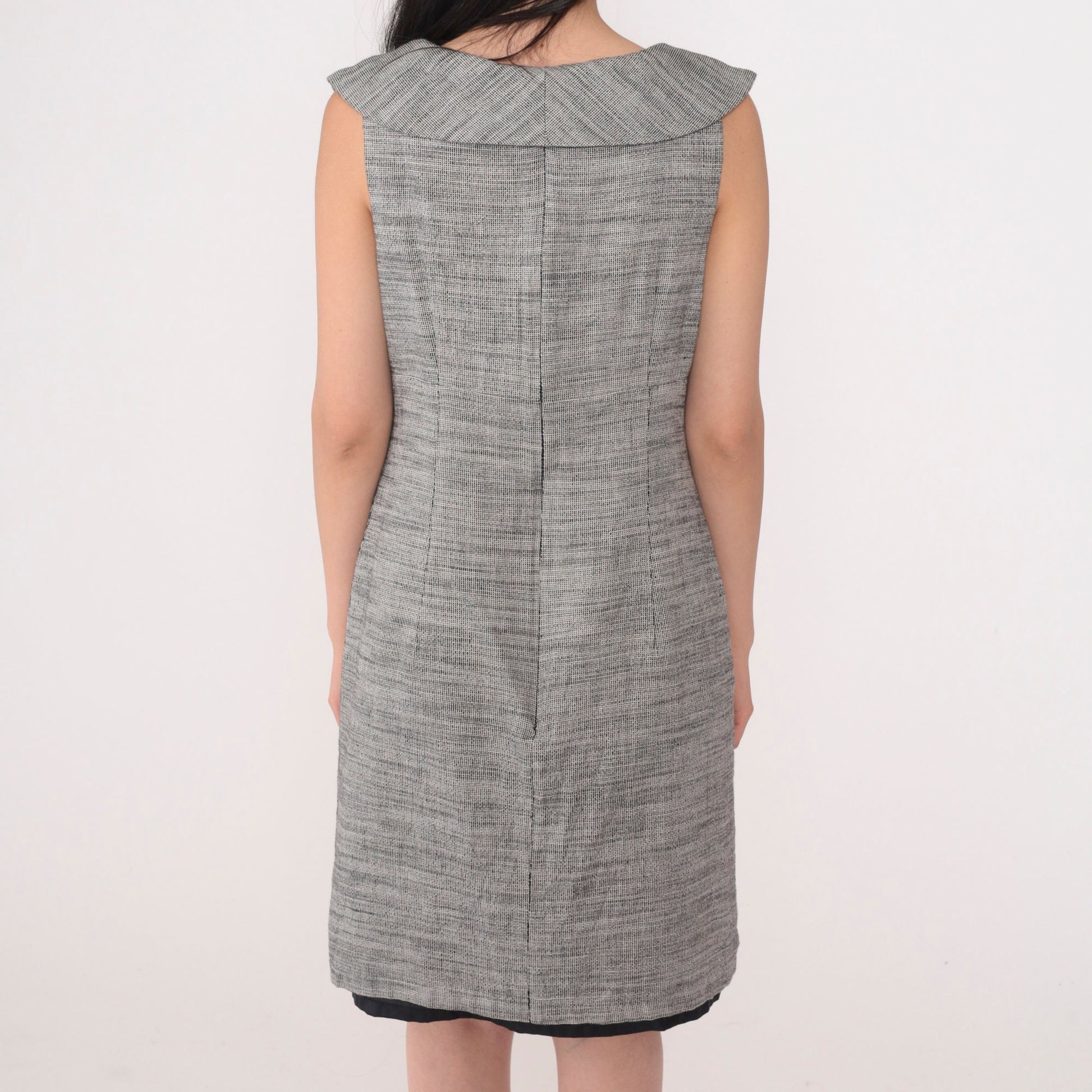 90s AB Studio Black White Woven Mini Dress Empire Waist Wide Collar Large 14