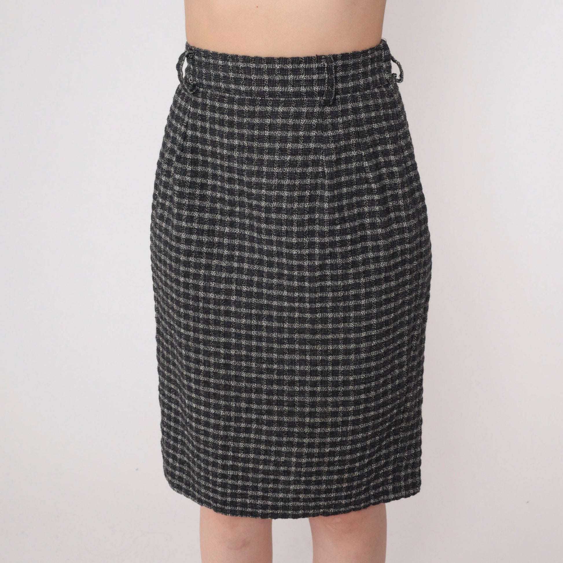 90s Black Grey Checkered Pencil Skirt High Waisted Mini Extra Small