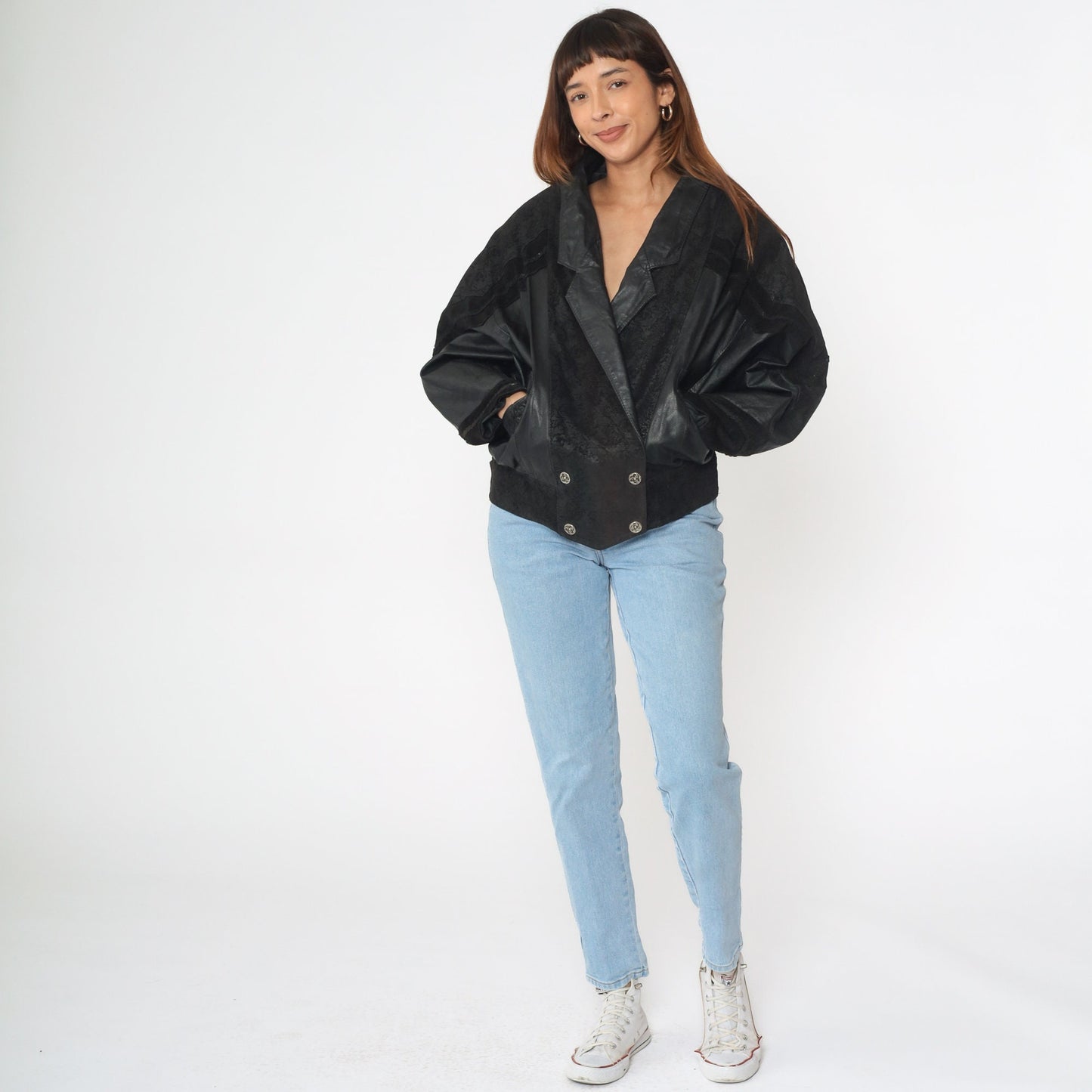 90s G-III Black Leather Jacket Notch Lapel Buttoned Medium