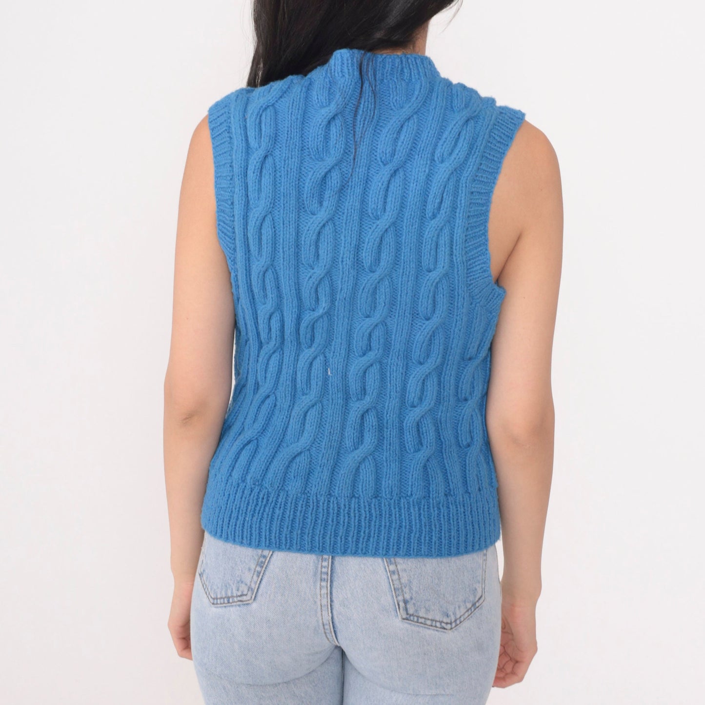 80s Blue Cable Knit Sweater Vest Sleeveless Pullover Small S