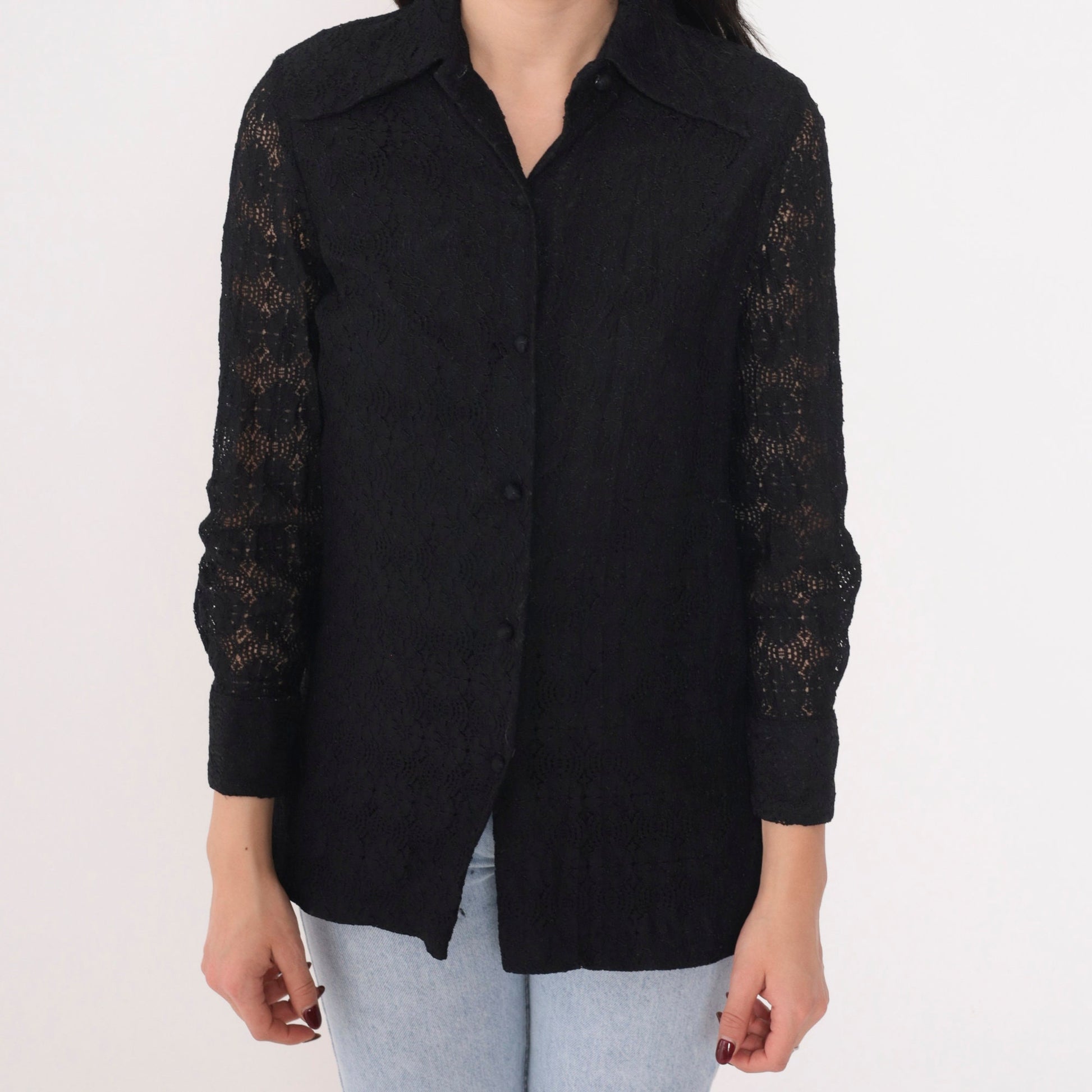 80s Black Lace Blouse Long Sleeve Button Up Floral Cutout Top Small