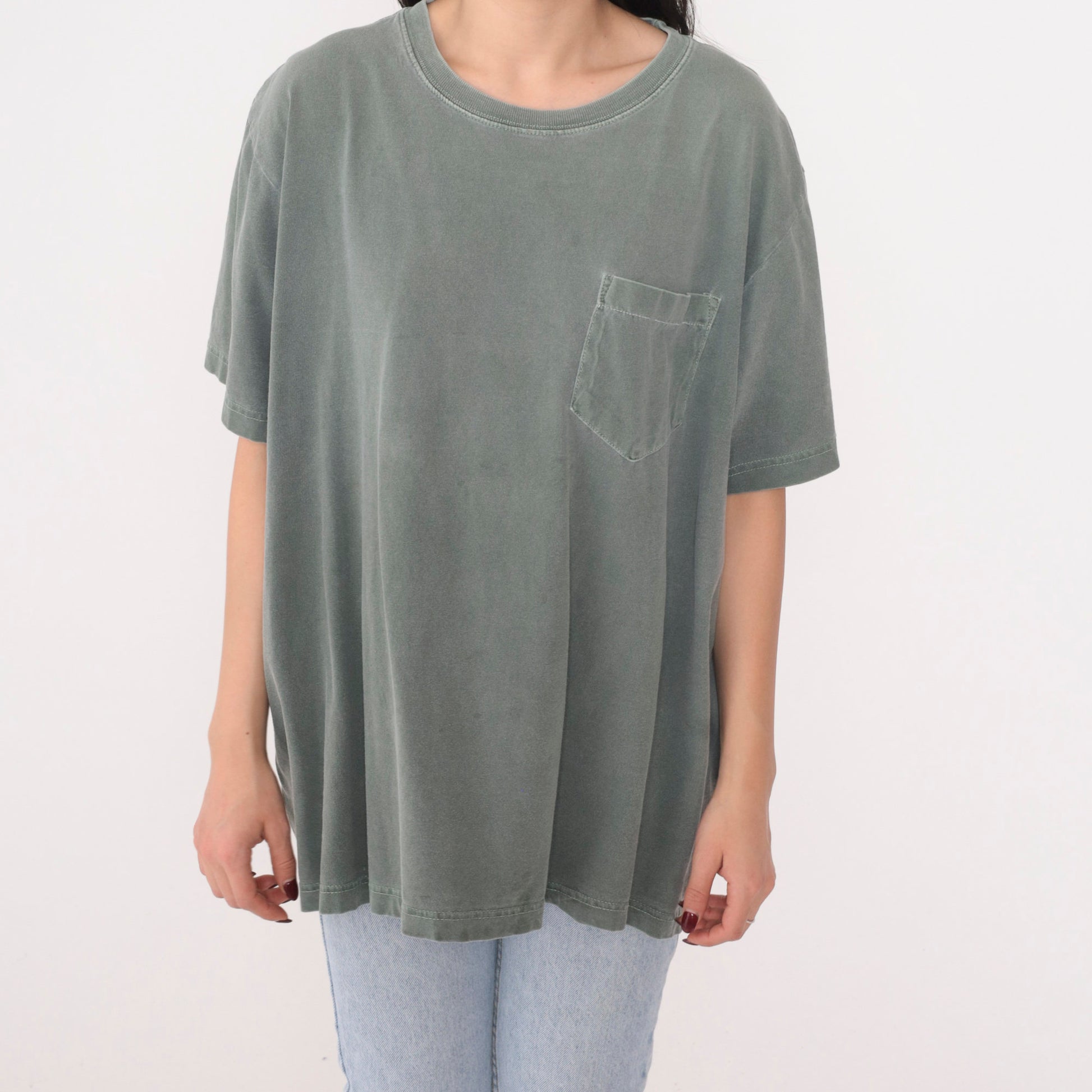 Y2K Green Pocket T-Shirt Cotton Plain Crewneck 00s Vintage Extra Large XL
