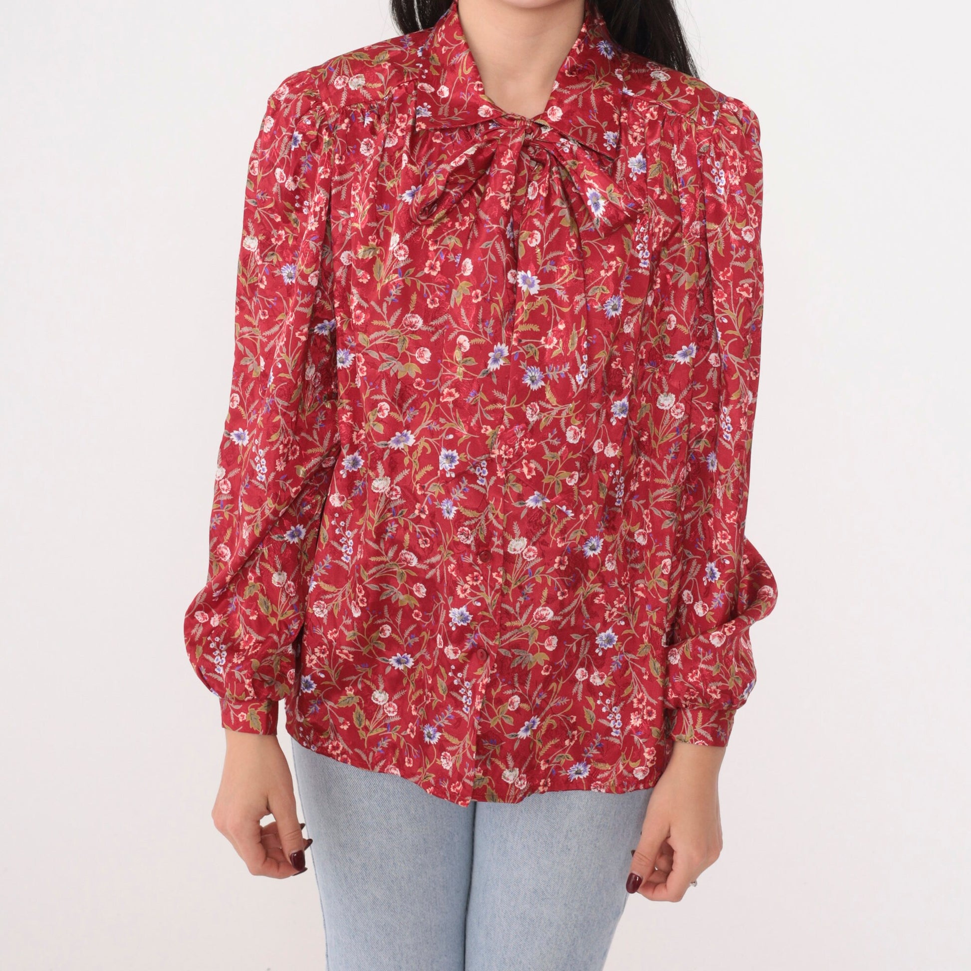 80s Gianna Floral Ascot Blouse Red Puff Sleeve Button-Up Medium