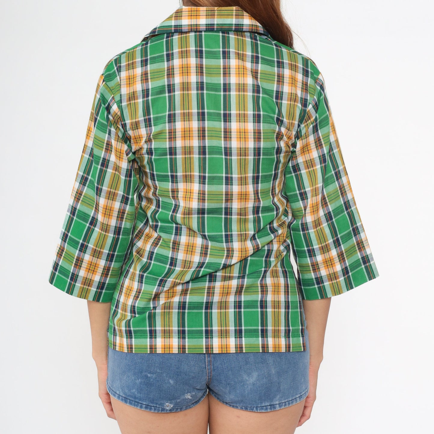 70s Green Plaid Tunic Blouse 3/4 Sleeve Collared Shirt Small