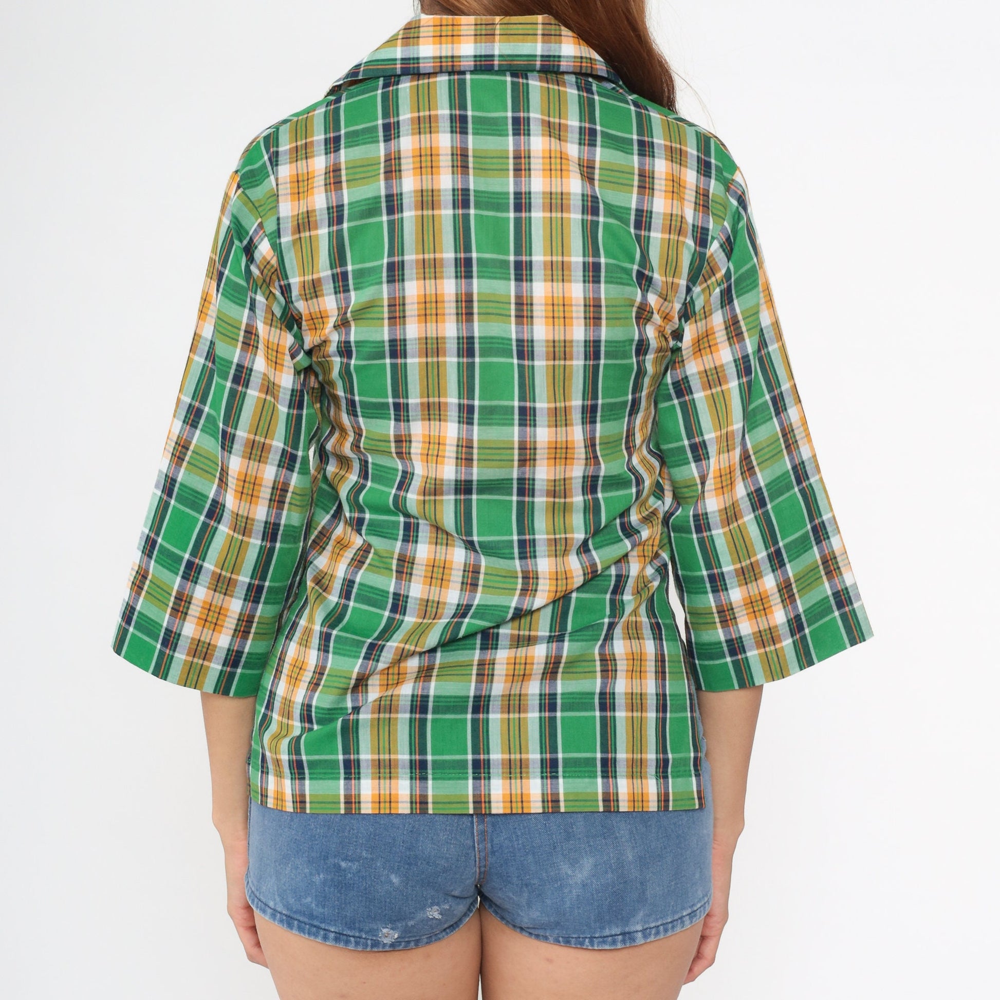 70s Green Plaid Tunic Blouse 3/4 Sleeve Collared Shirt Small
