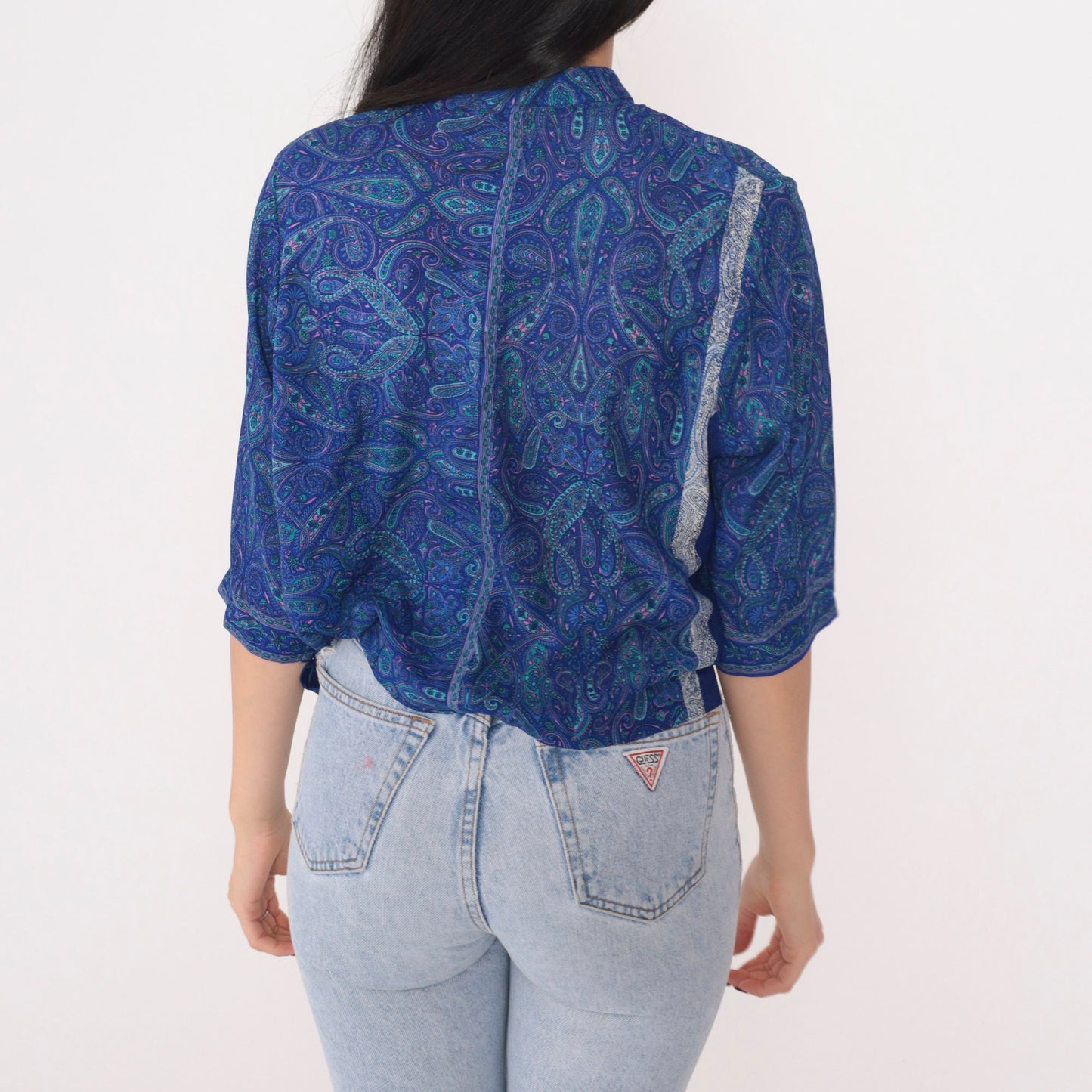 90s Blue Paisley Asymmetrical Button-Up Blouse Half Sleeve Medium Large