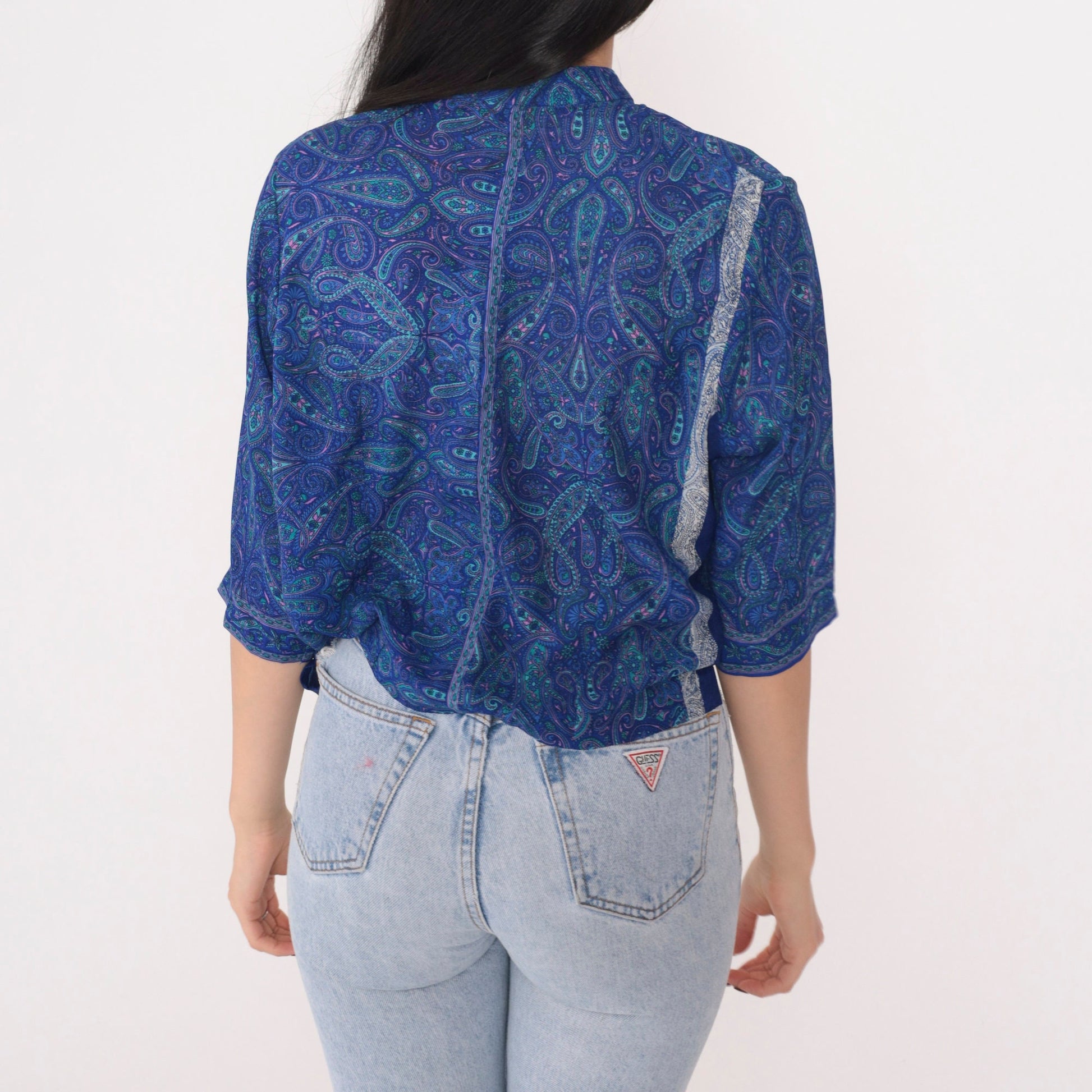 90s Blue Paisley Asymmetrical Button-Up Blouse Half Sleeve Medium Large