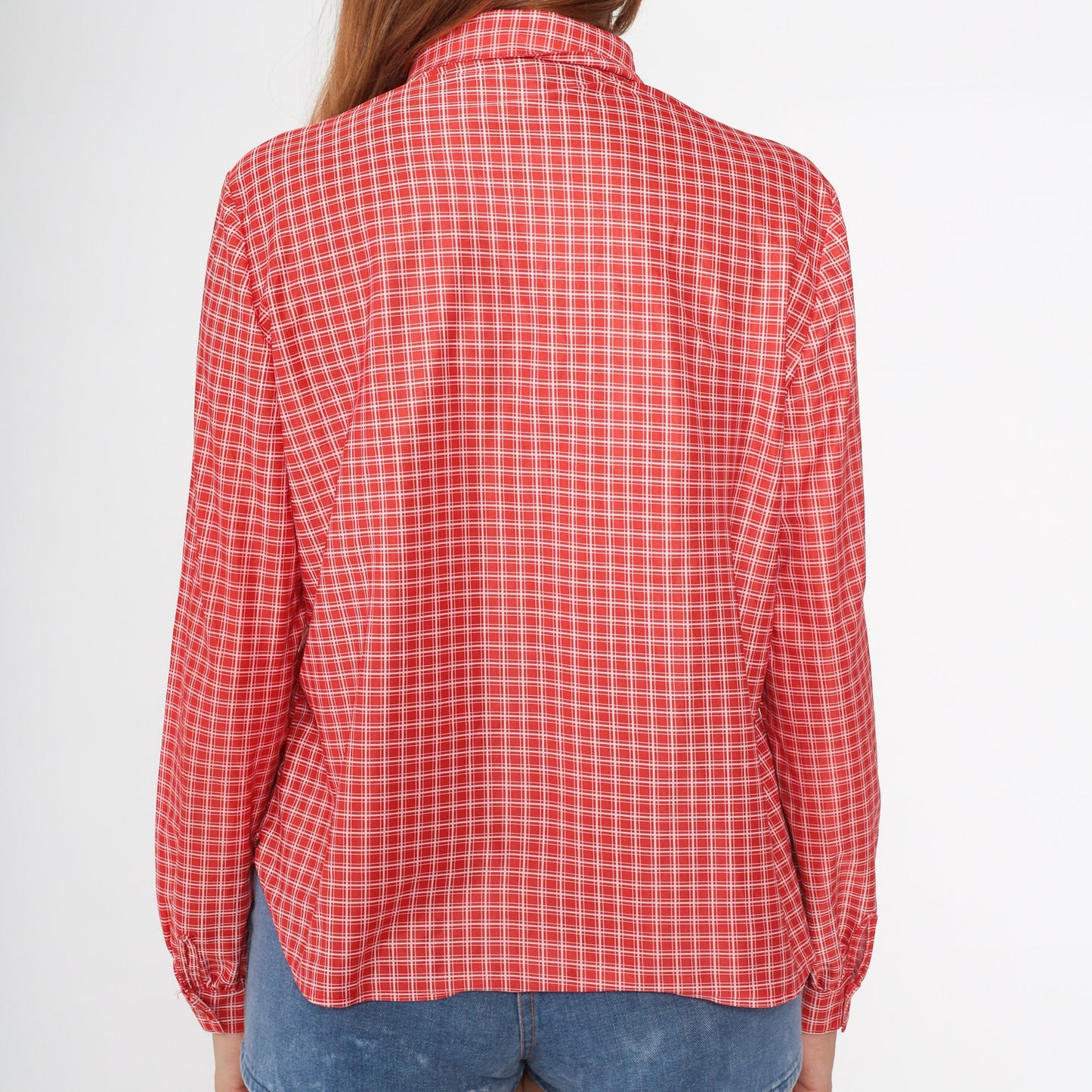 70s Checkered Blouse Red White Collared Long Sleeve Polo Shirt Medium M