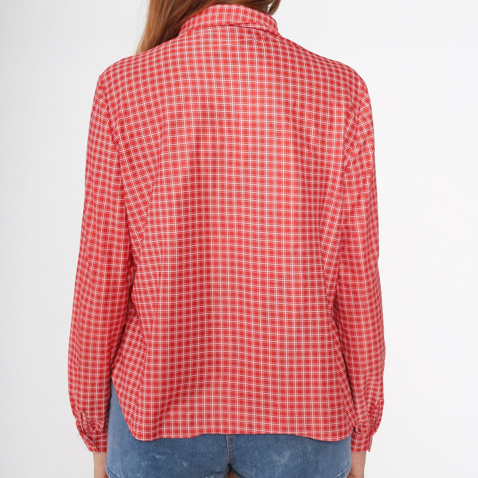 70s Checkered Blouse Red White Collared Long Sleeve Polo Shirt Medium M