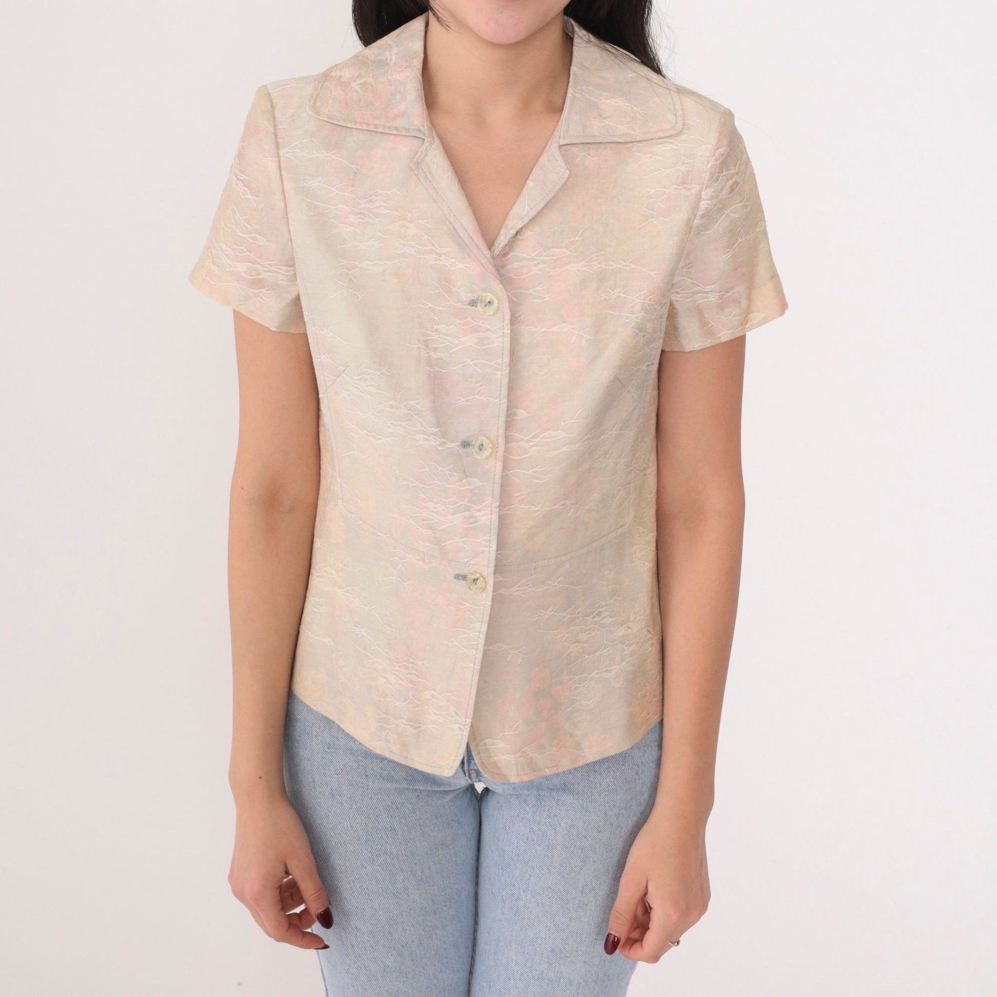 Y2K Watercolor Floral Button-Up Blouse Pastel Abstract Print Short Sleeve Small