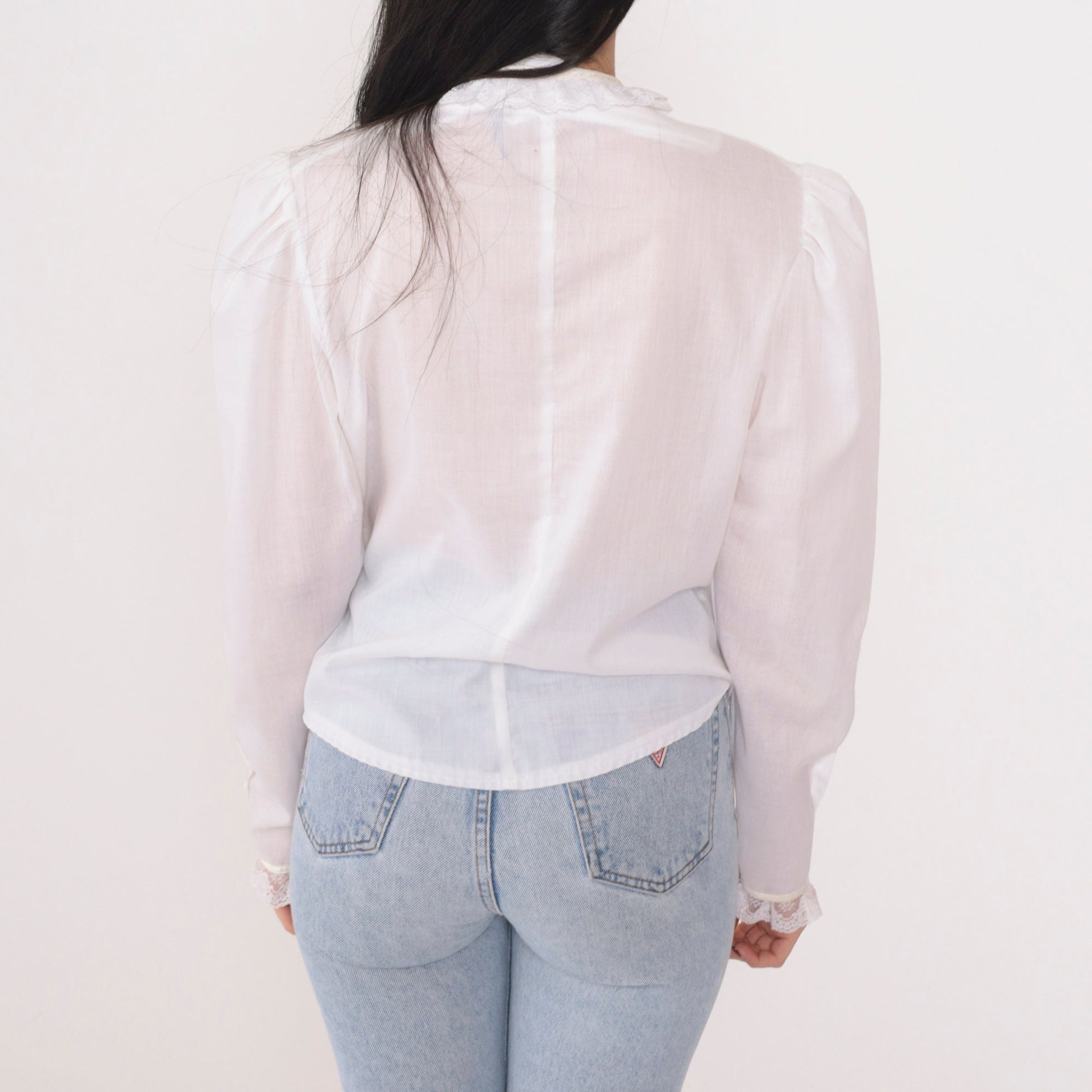 80s White Semi-Sheer Button-Up Blouse Lace Trim Puff Sleeve Medium