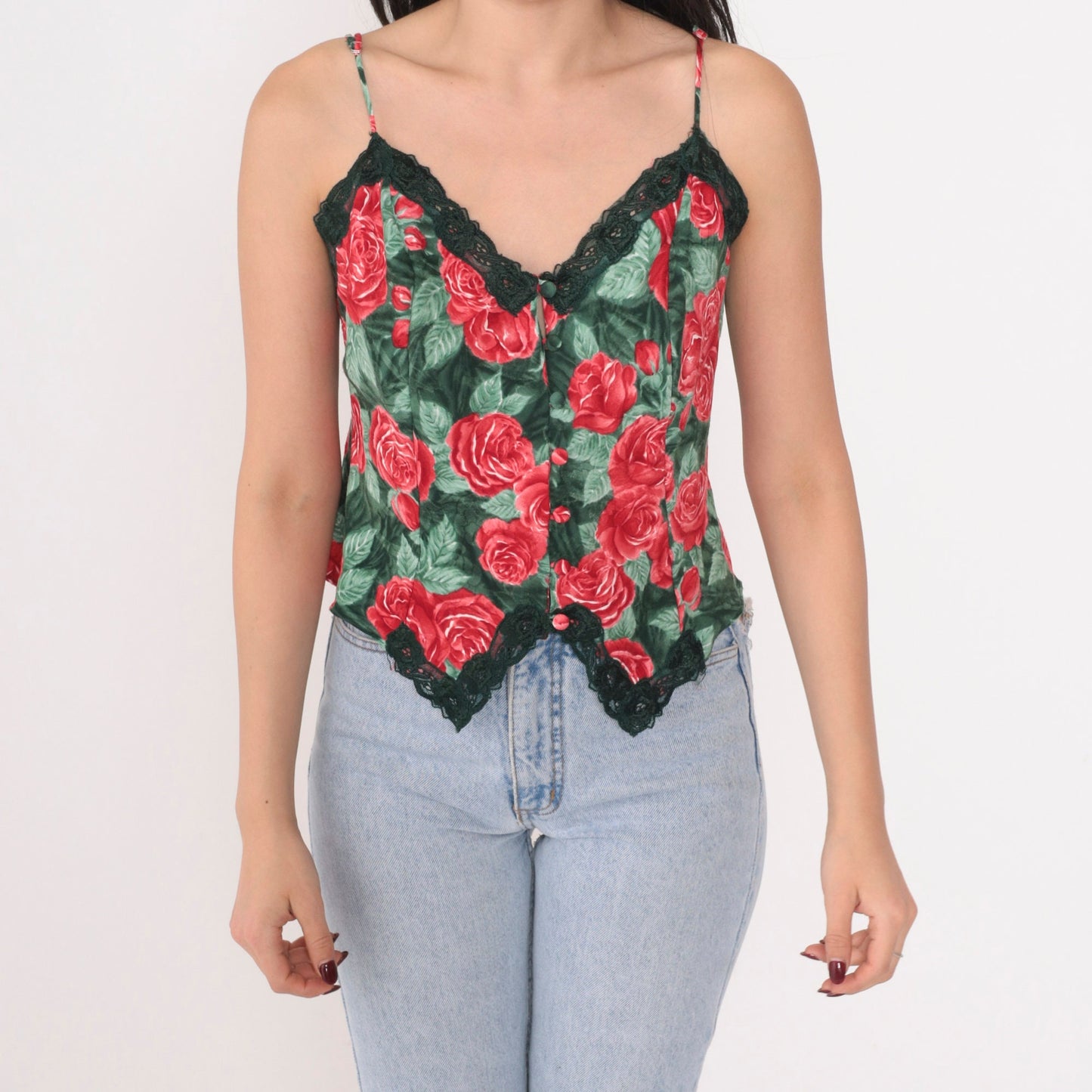 90s Victoria's Secret Floral Camisole Lace Trim Button-Up Small S