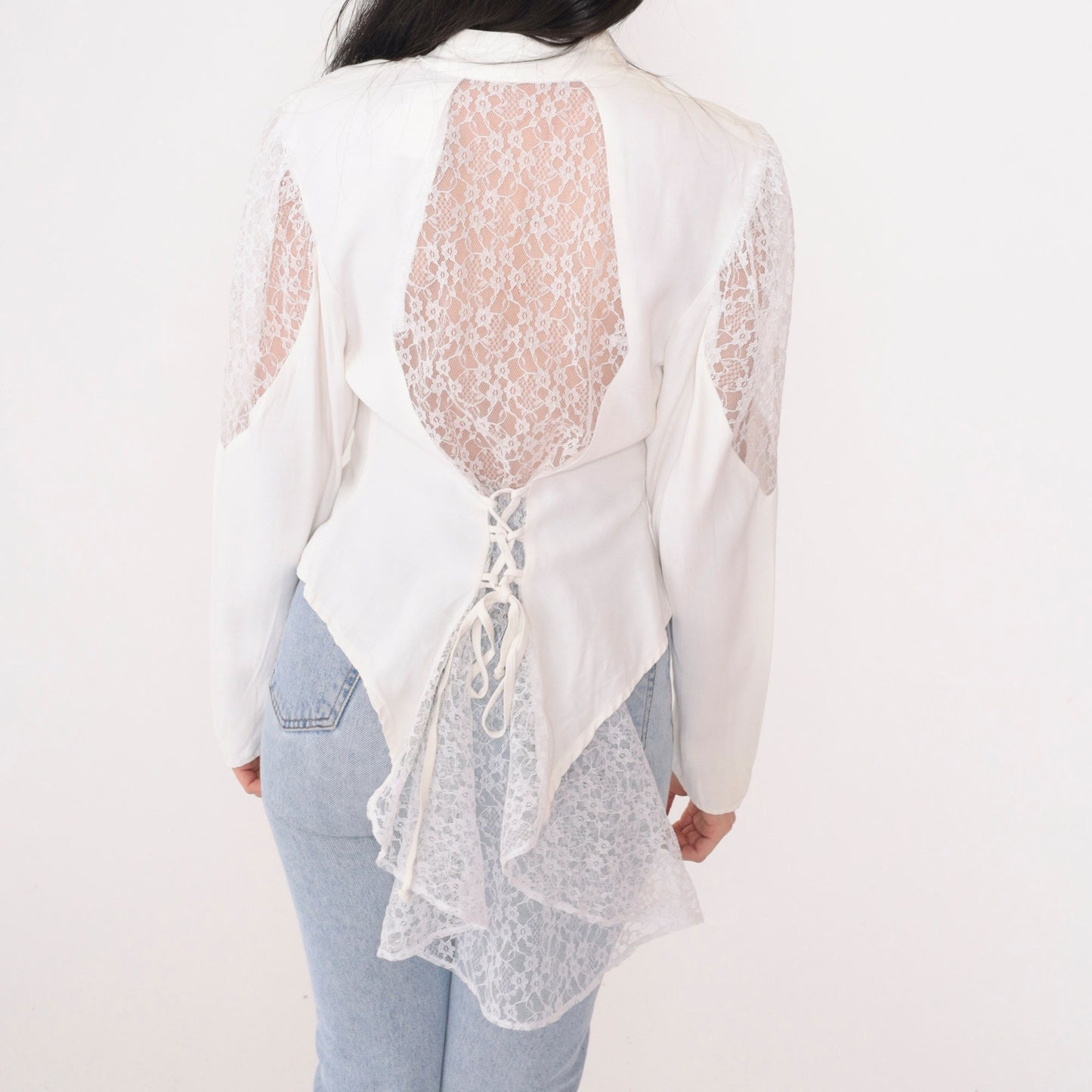 90s Vanity USA White Lace Blouse Puff Sleeve Button Up Small S