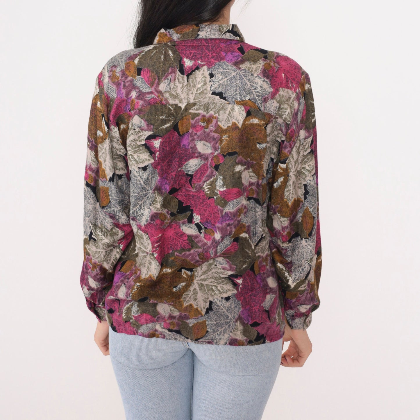 90s Dudwell Leaf Print Button-Up Blouse Long Sleeve Multicolor Large L