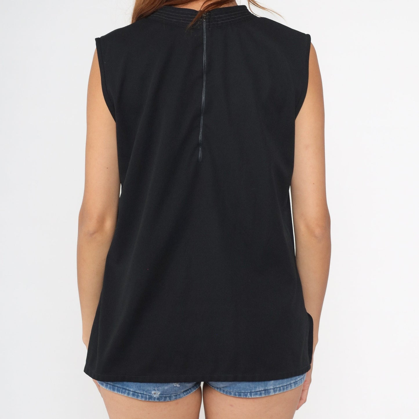 70s Black Draped Tank Top Sleeveless Blouse Topstitched Neckline Large L