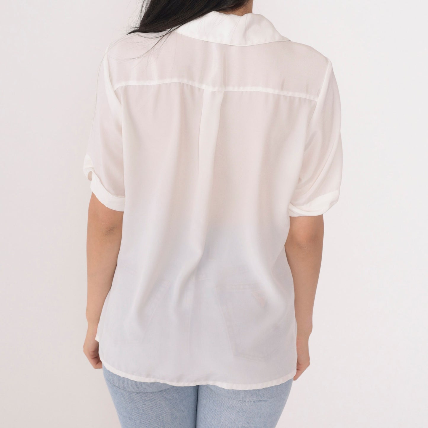 90s Nicola White Sheer Button-Up Blouse V-Neck Chest Pocket Small S