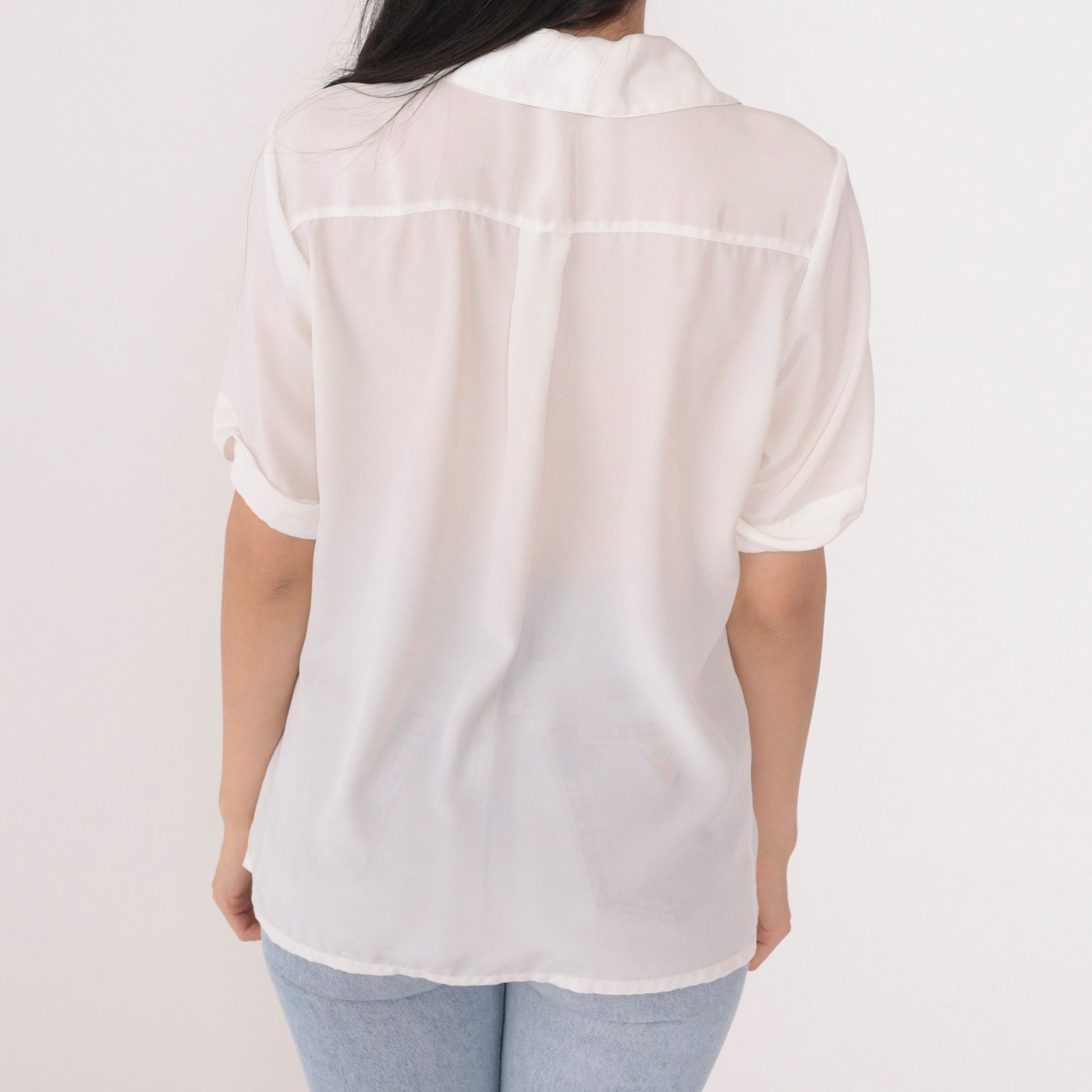 90s Nicola White Sheer Button-Up Blouse V-Neck Chest Pocket Small S