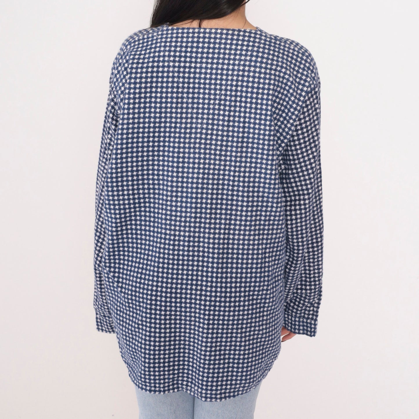 80s Blue White Checkered Cotton Tunic Top Long Sleeve V-Neck Extra Large XL