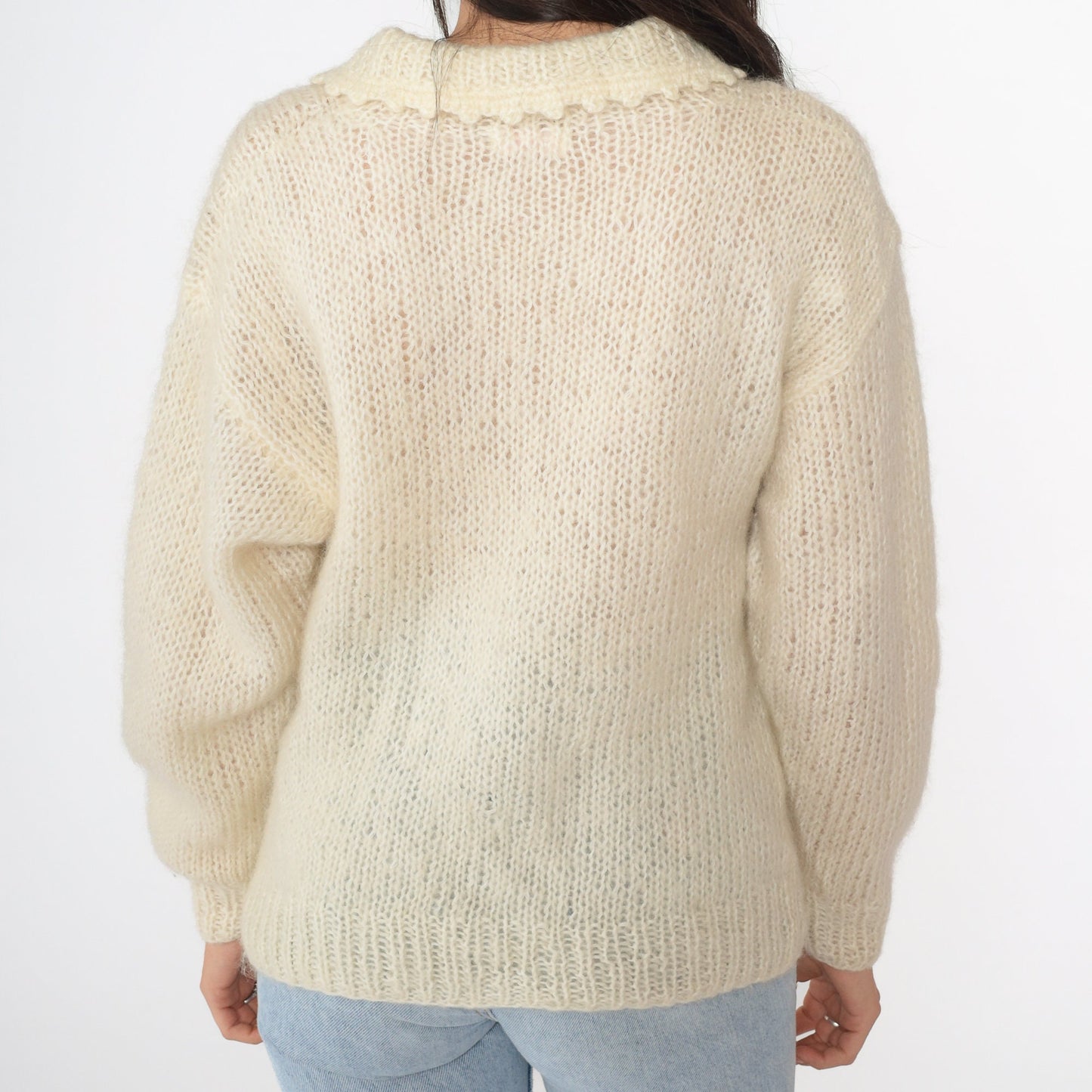 80s Cream Cable Knit Sweater Sheer Open Weave Collared Pullover Medium