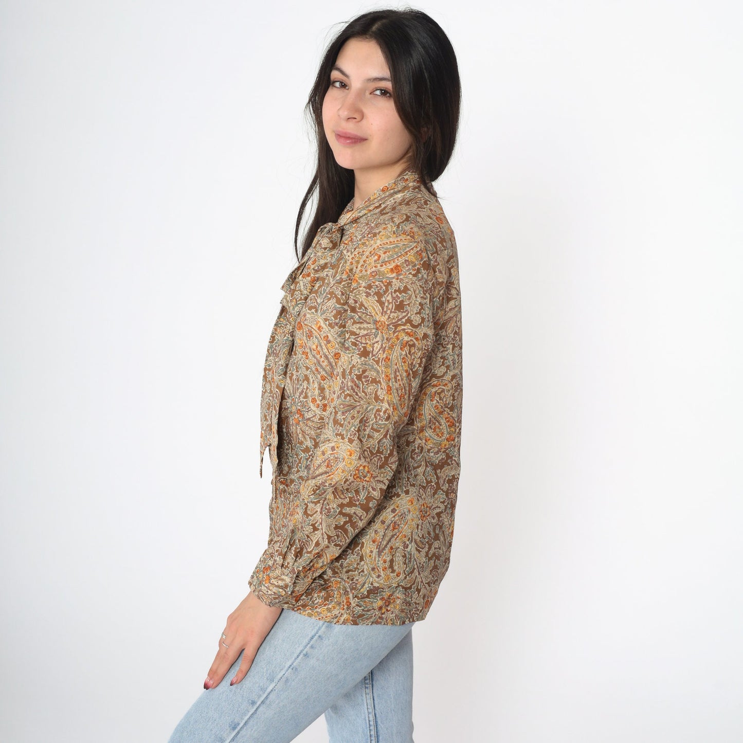 70s Floral Paisley Ascot Blouse Button-Up Long Sleeve Brown Small