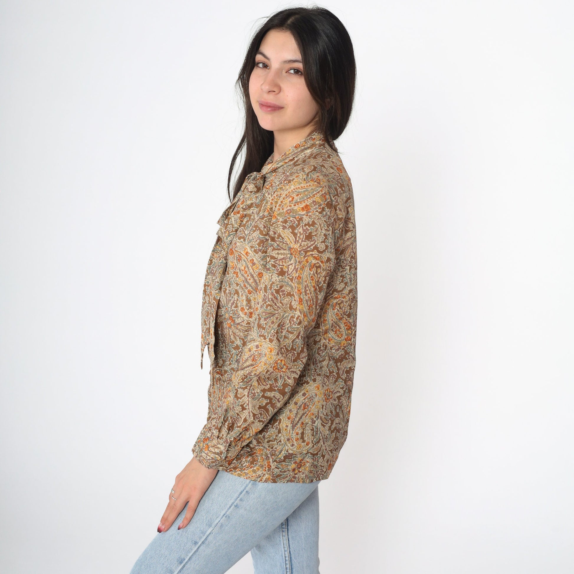 70s Floral Paisley Ascot Blouse Button-Up Long Sleeve Brown Small